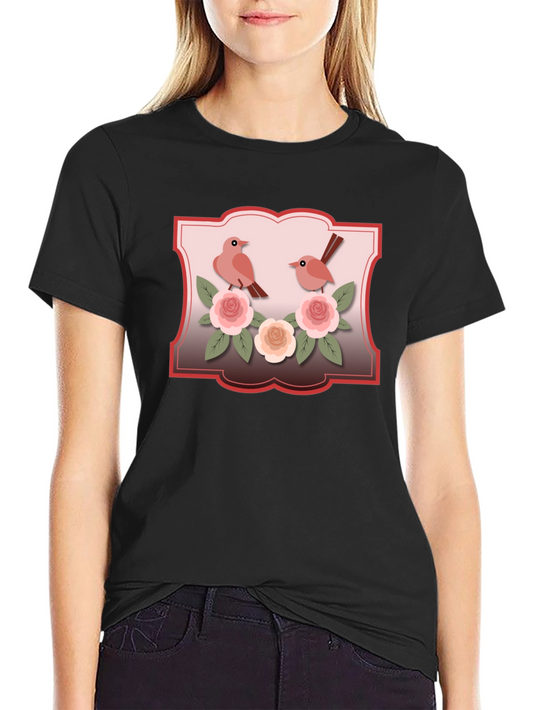 Birds and Roses Graphic Tee - Soft Cotton Casual Shirt