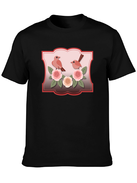 Birds and Roses Graphic Tee - Soft Cotton Casual Shirt