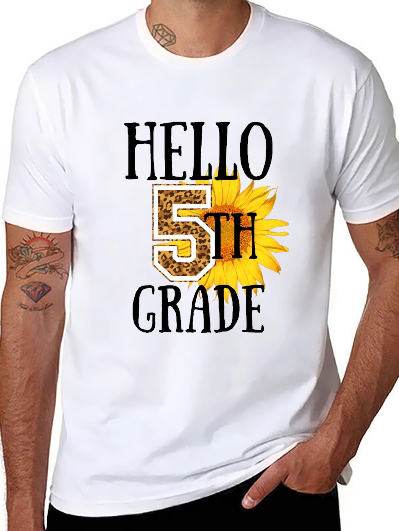 Hello 5th Grade Sunflower Leopard Print Tee