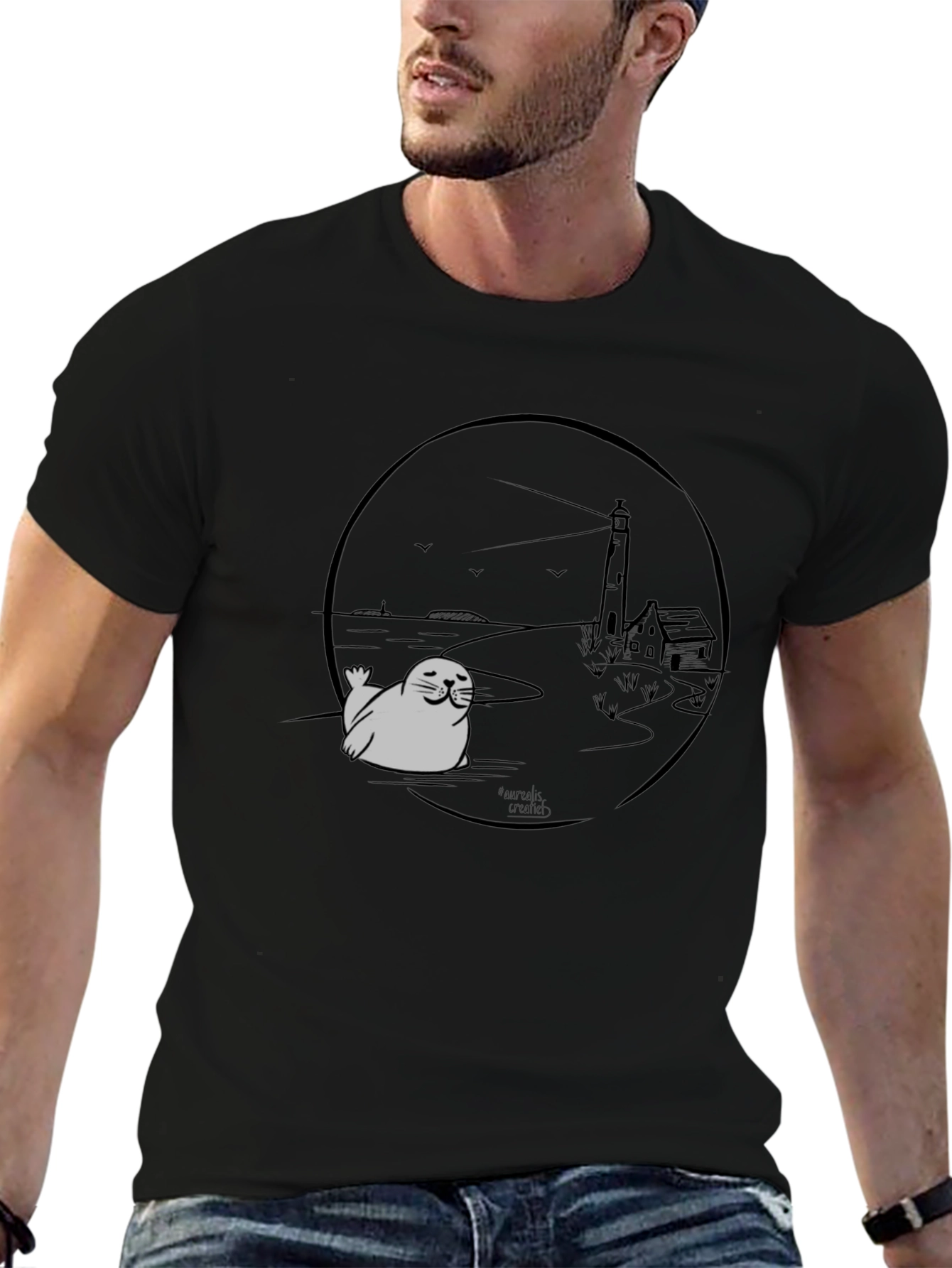 Seal Lighthouse Graphic Tee - Black Cotton T-Shirt