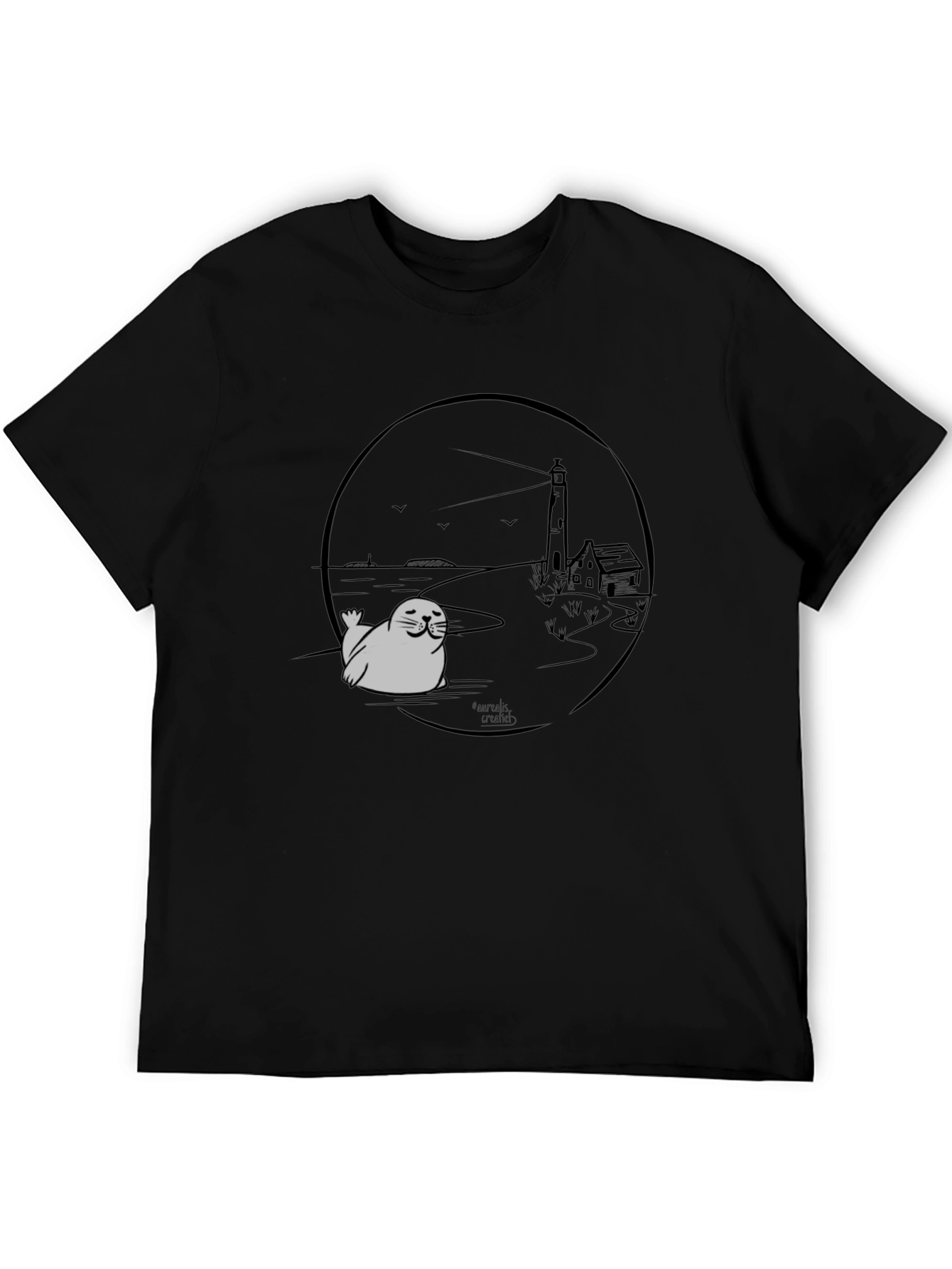 Seal Lighthouse Graphic Tee - Black Cotton T-Shirt