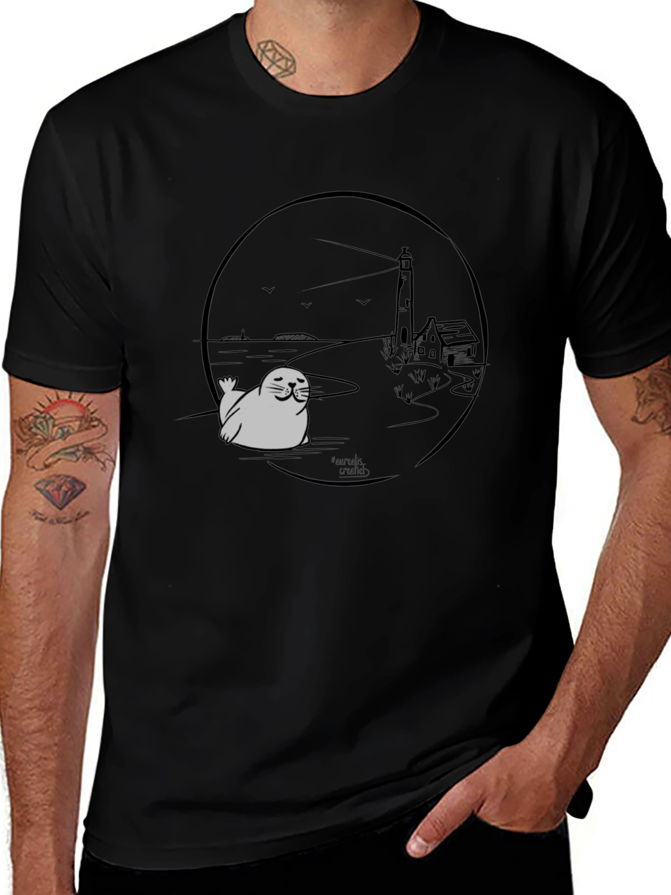 Seal Lighthouse Graphic Tee - Black Cotton T-Shirt