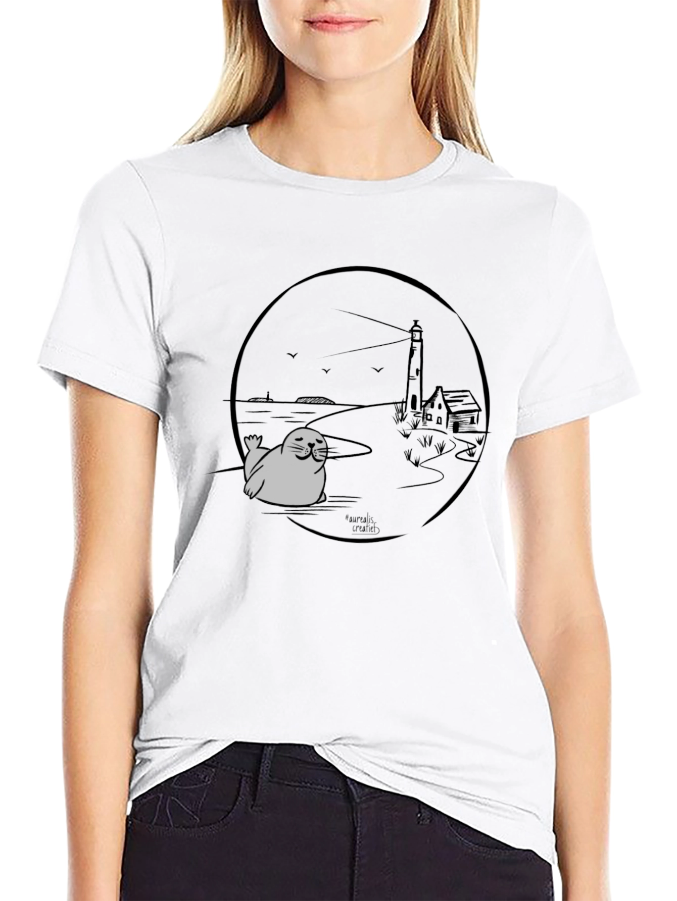 Seal Lighthouse Graphic Tee - Black Cotton T-Shirt