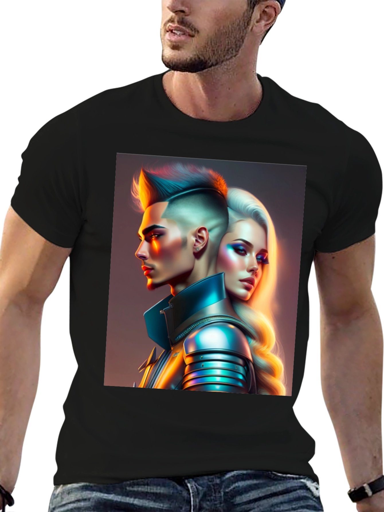 Futuristic Couple Graphic Black T-Shirt