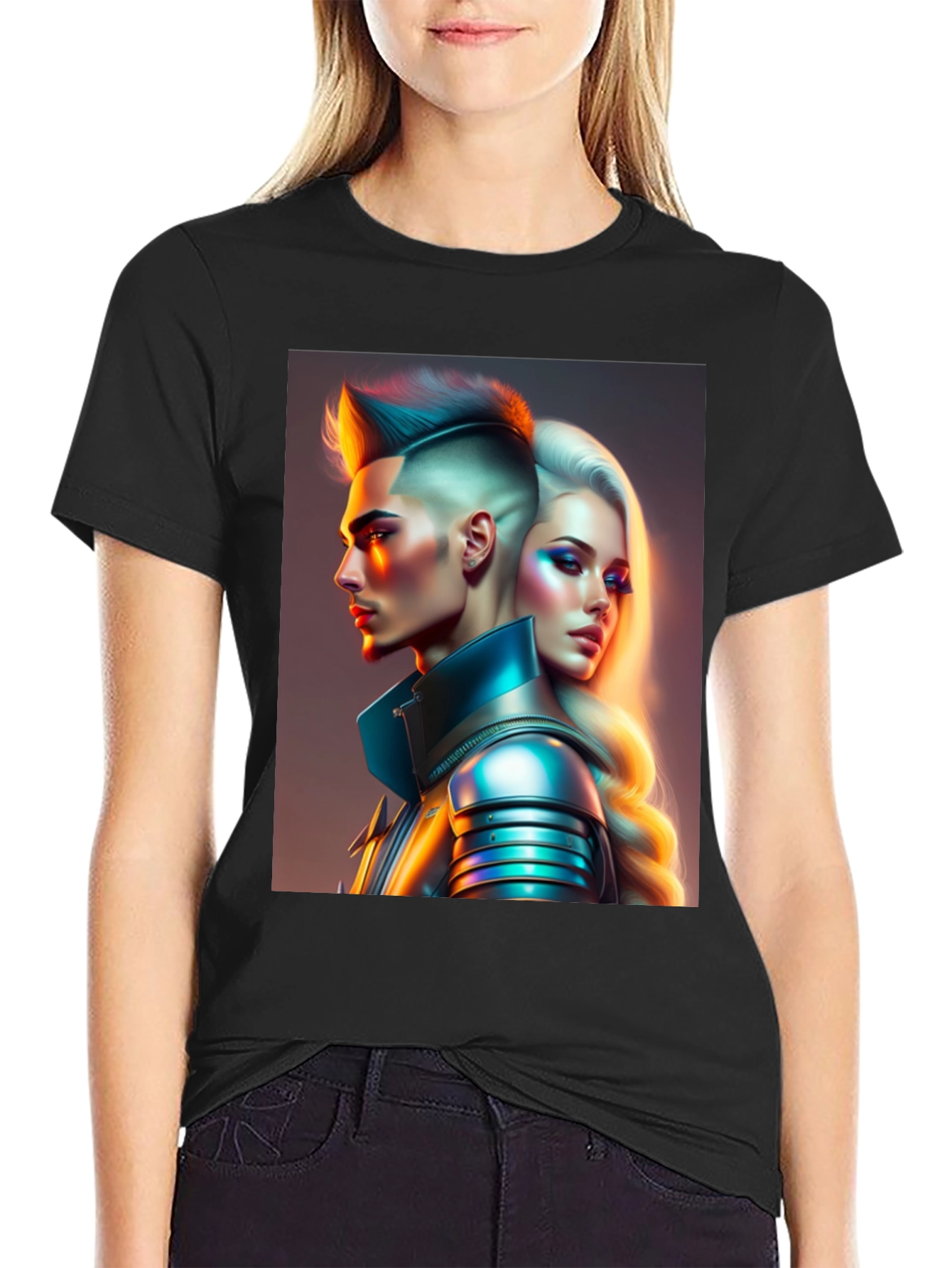 Futuristic Couple Graphic Black T-Shirt