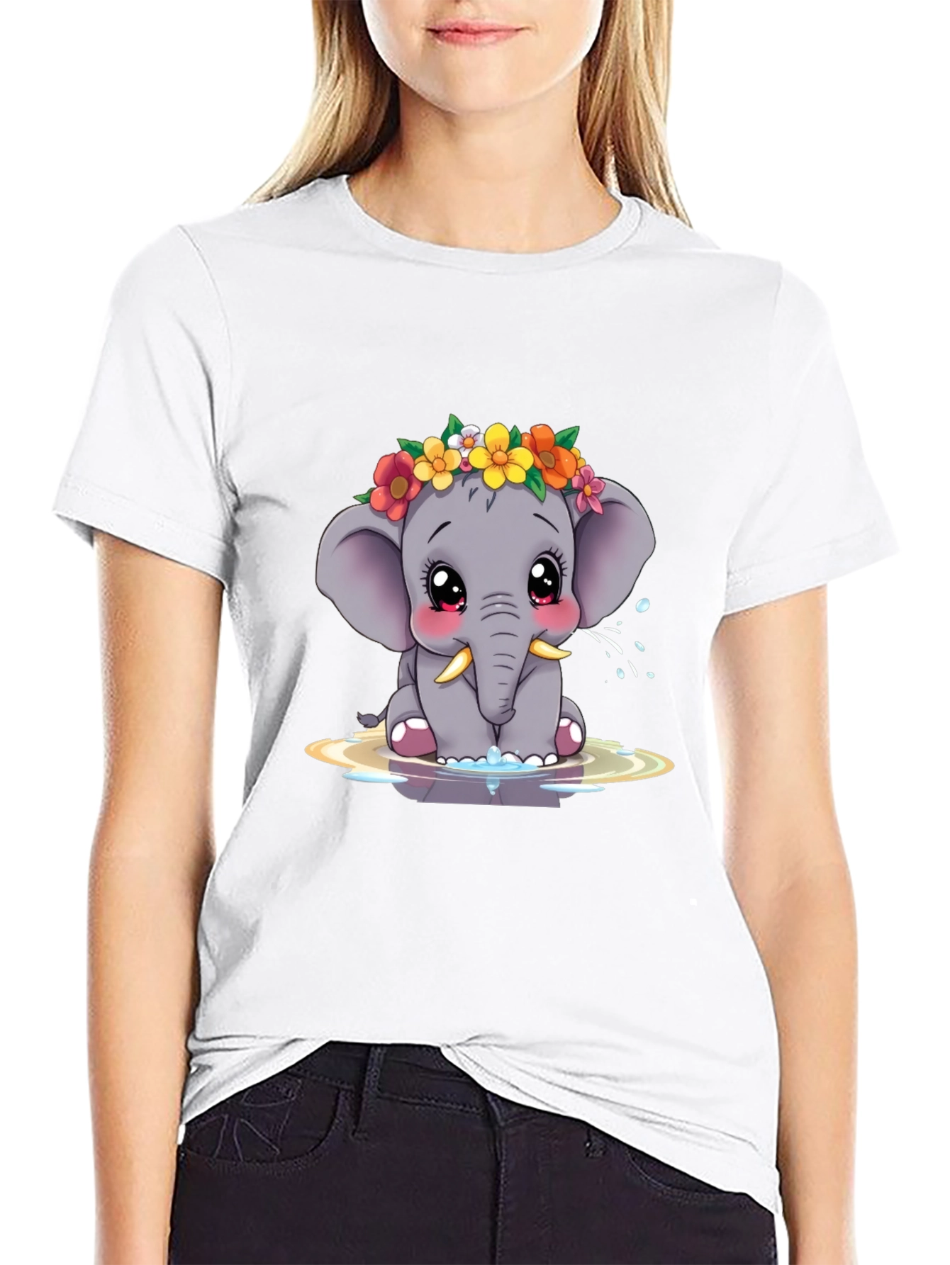 Cute Elephant Floral Crown Black Tee