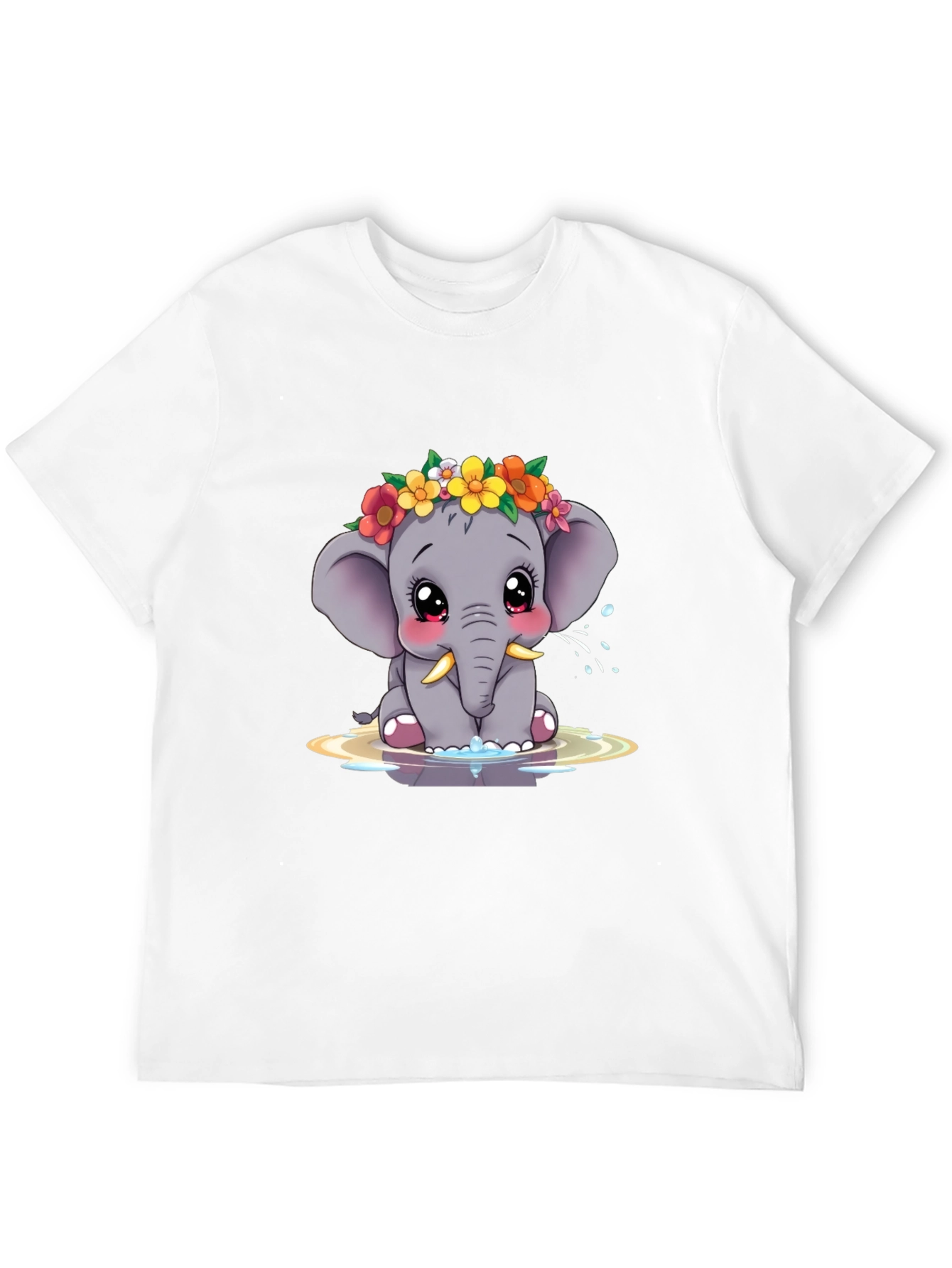 Cute Elephant Floral Crown Black Tee