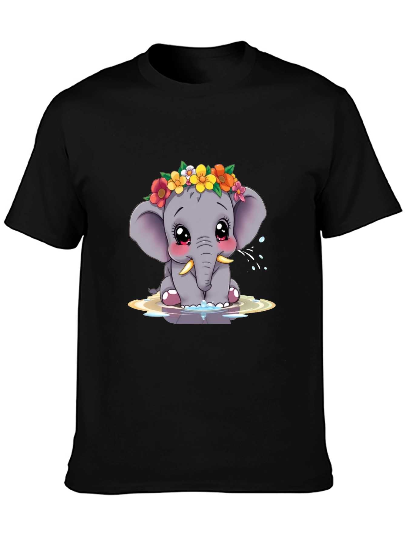 Cute Elephant Floral Crown Black Tee