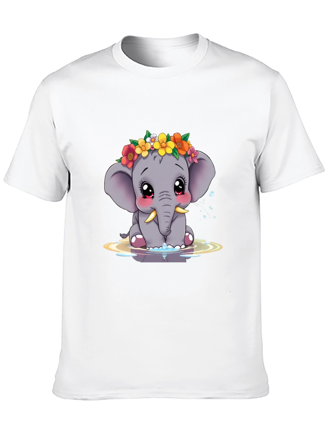 Cute Elephant Floral Crown Black Tee