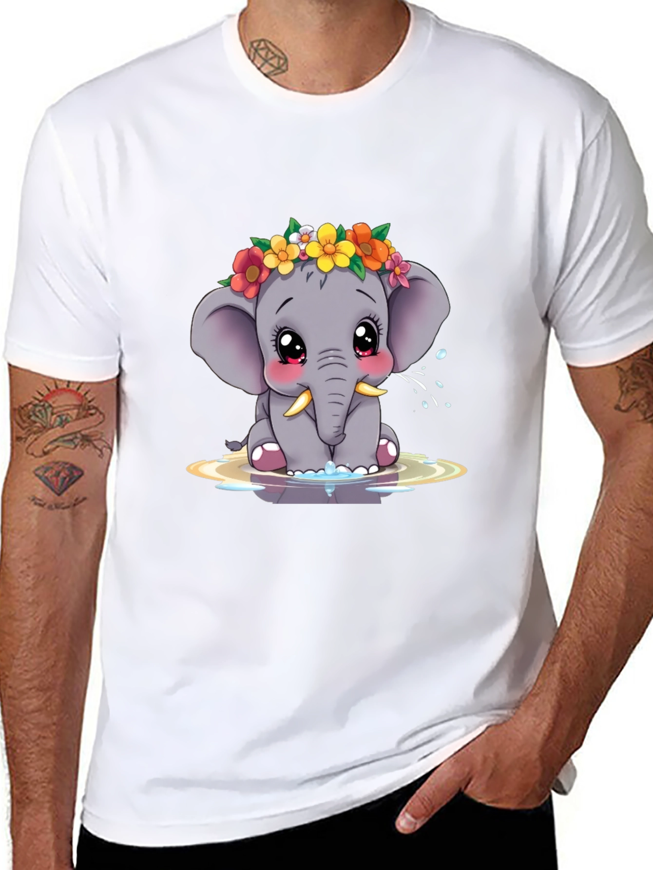 Cute Elephant Floral Crown Black Tee