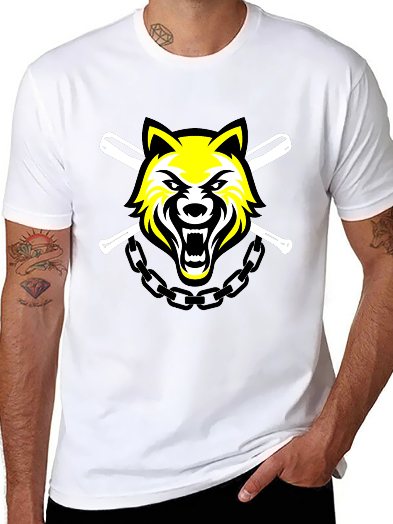 Black Tee with Wolf Baseball Design