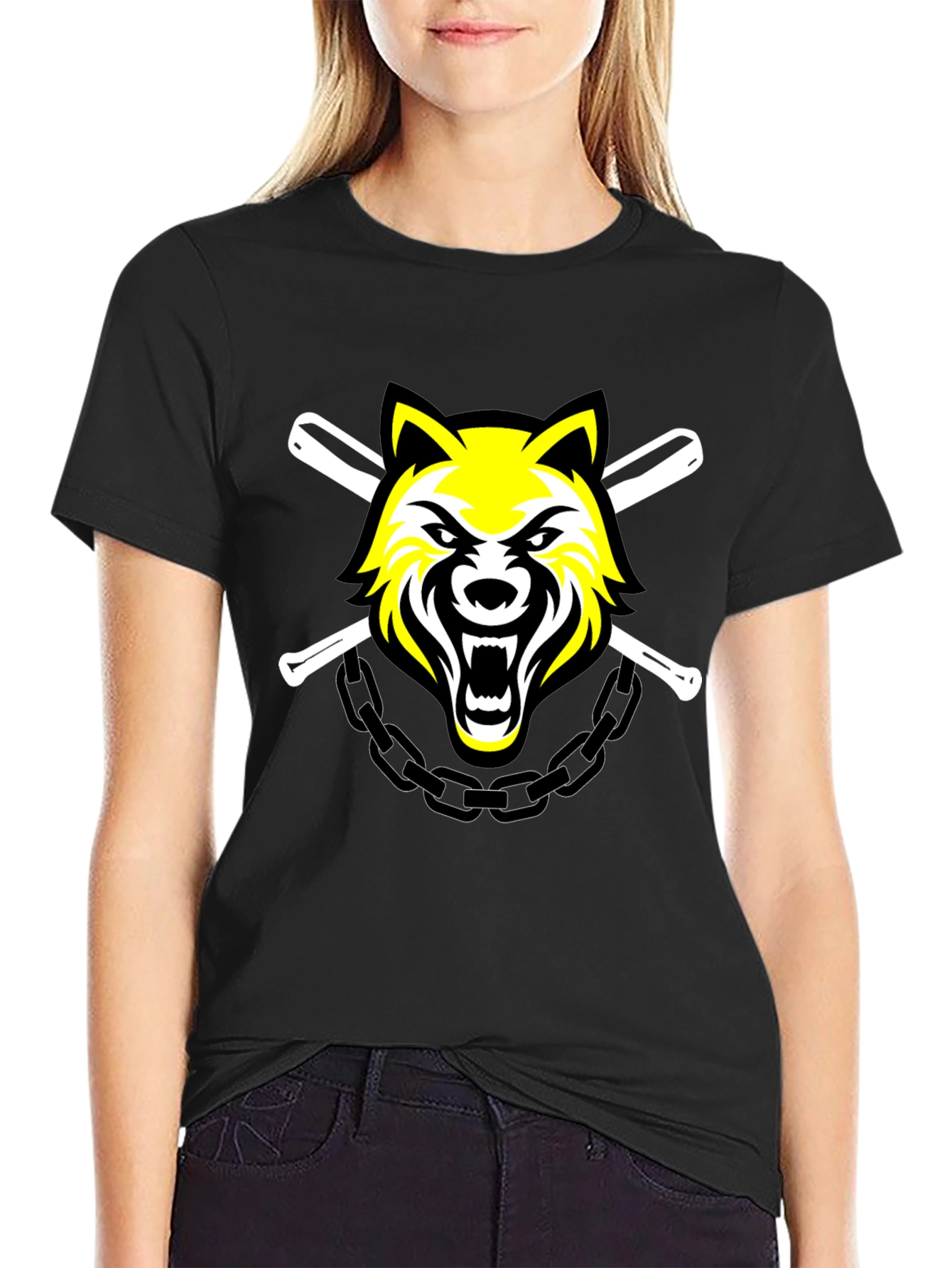 Black Tee with Wolf Baseball Design