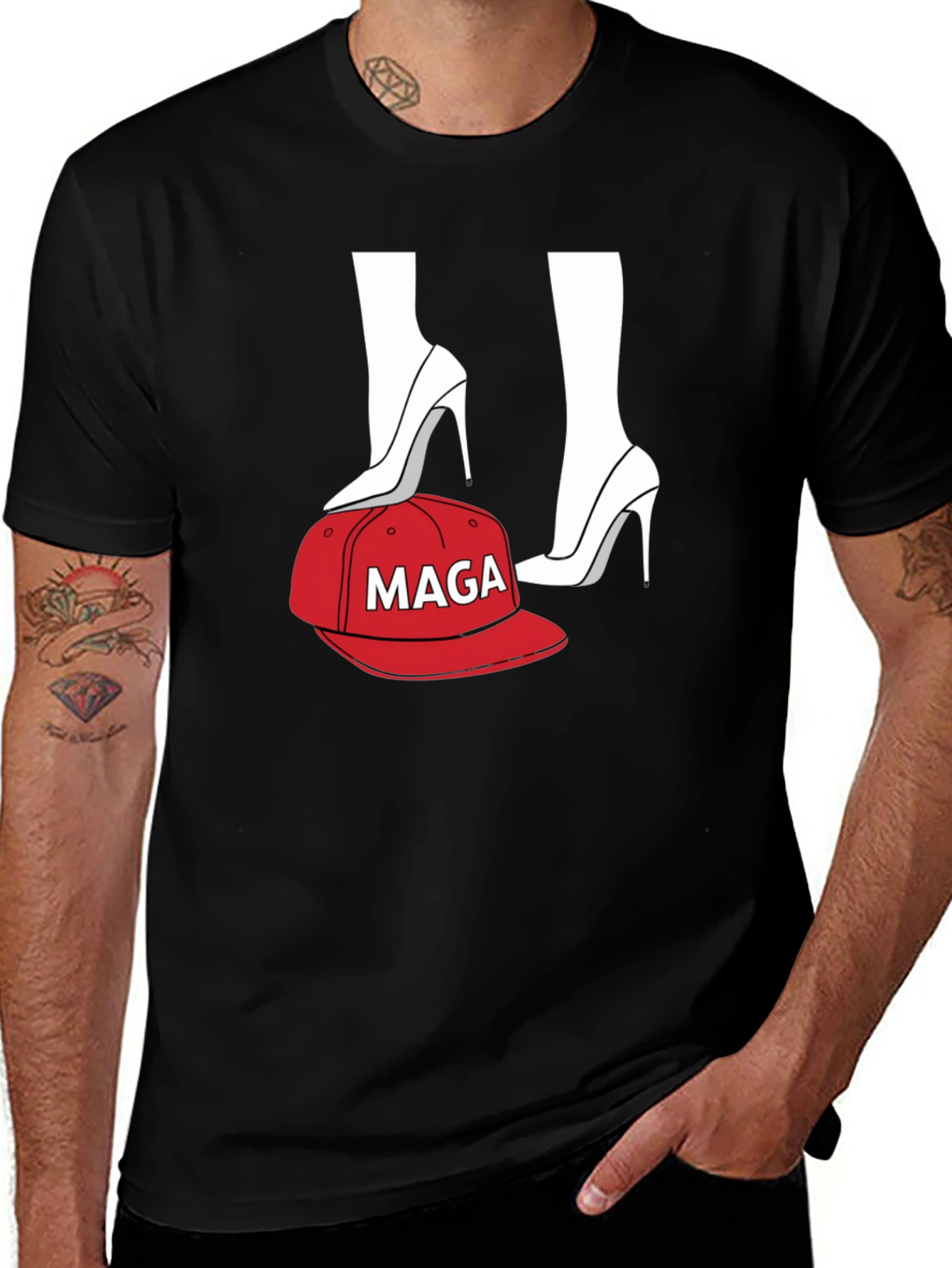 Black T-Shirt with Heels and MAGA Cap Design