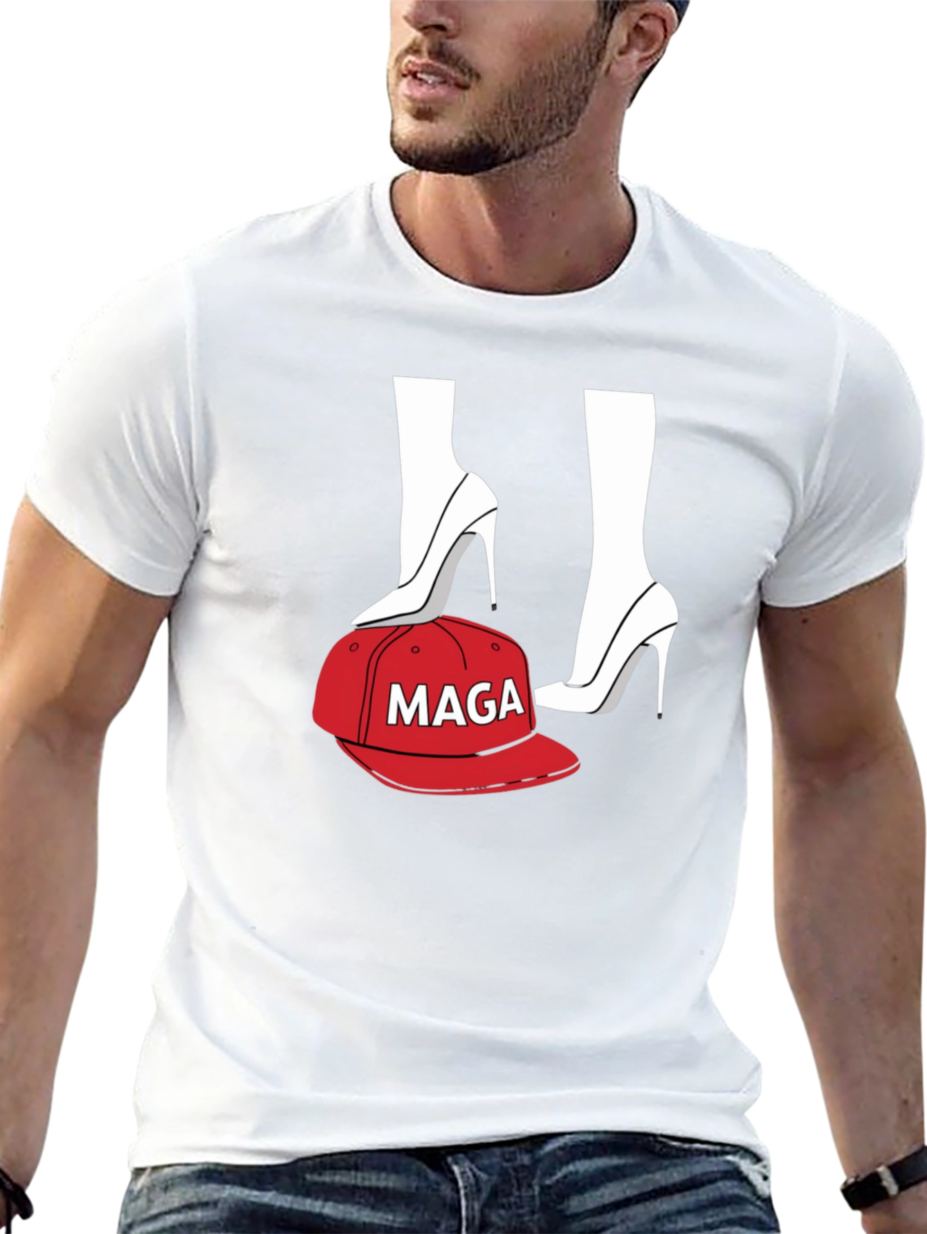 Black T-Shirt with Heels and MAGA Cap Design