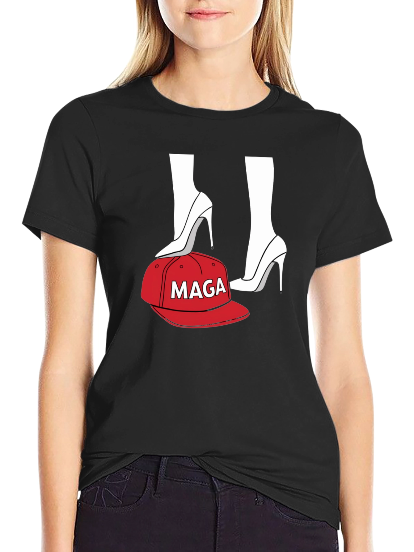 Black T-Shirt with Heels and MAGA Cap Design