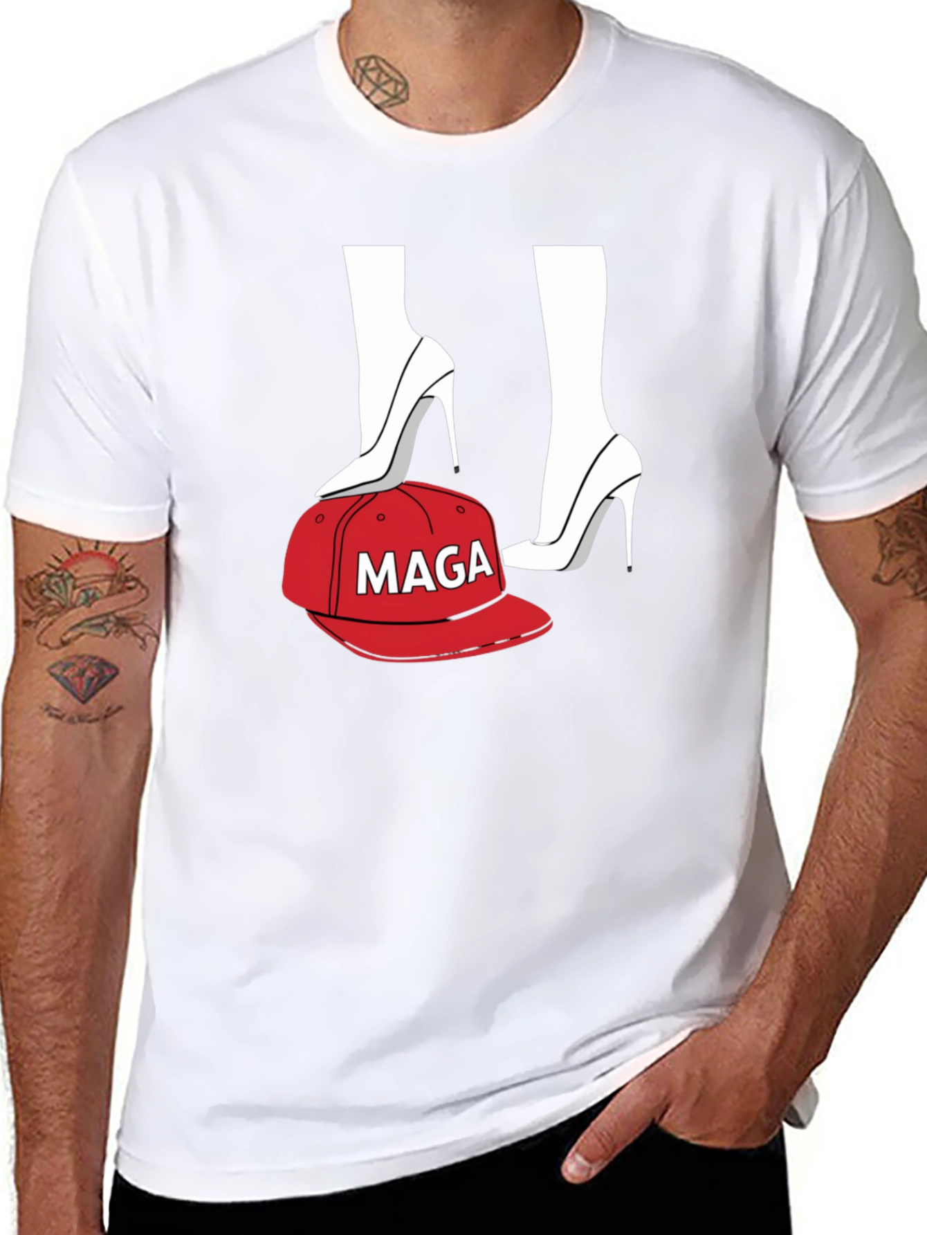 Black T-Shirt with Heels and MAGA Cap Design
