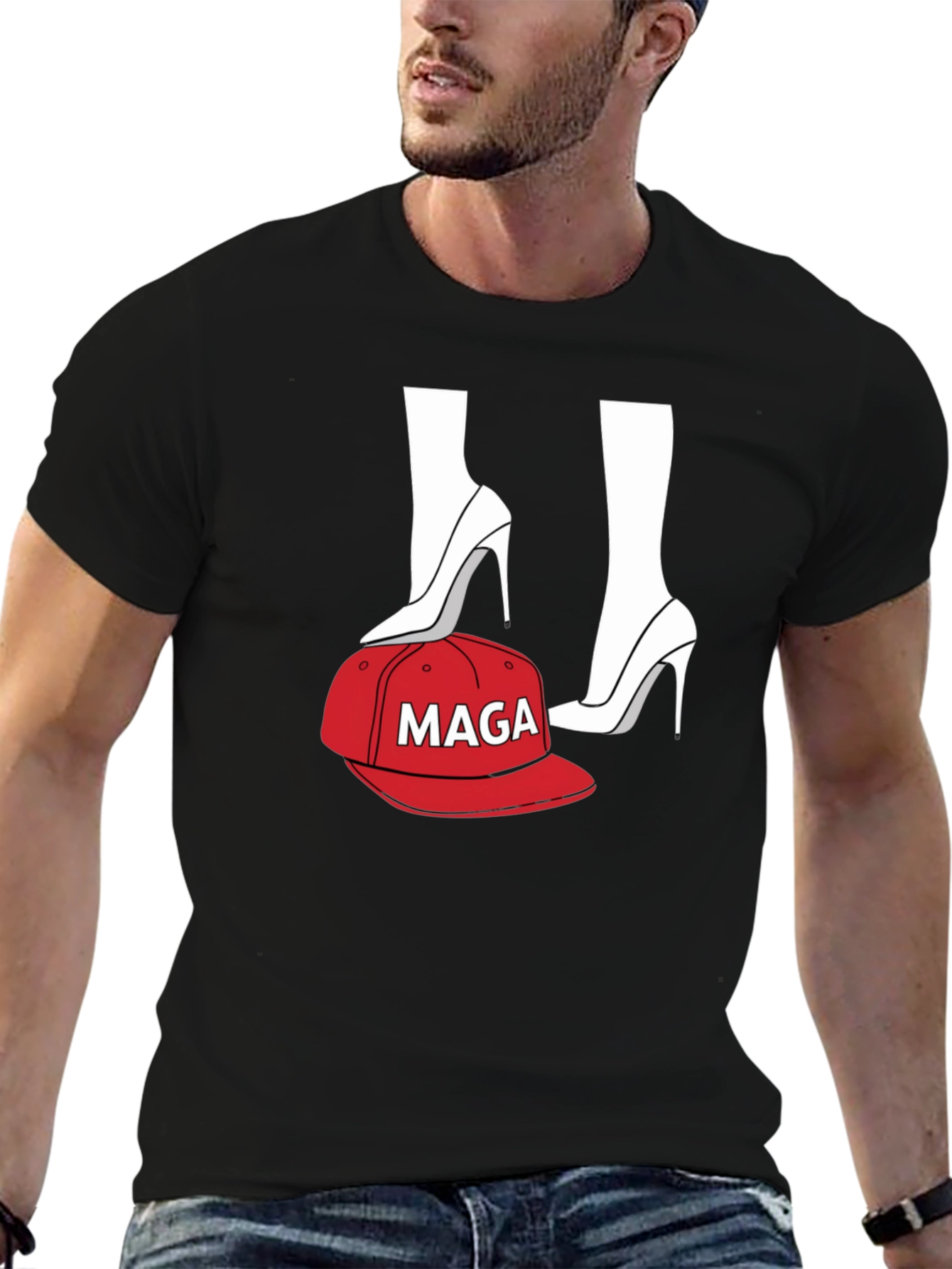 Black T-Shirt with Heels and MAGA Cap Design