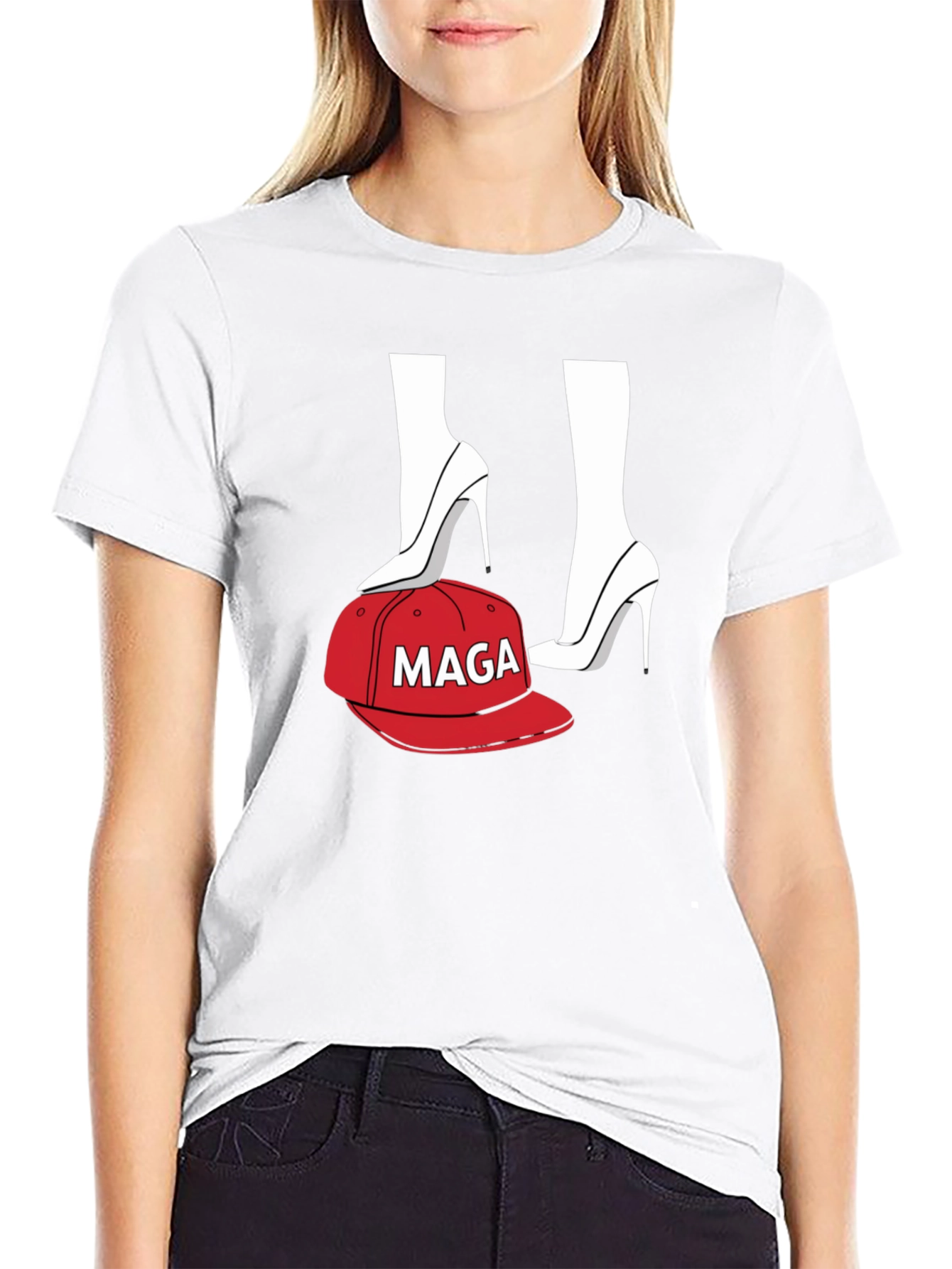 Black T-Shirt with Heels and MAGA Cap Design