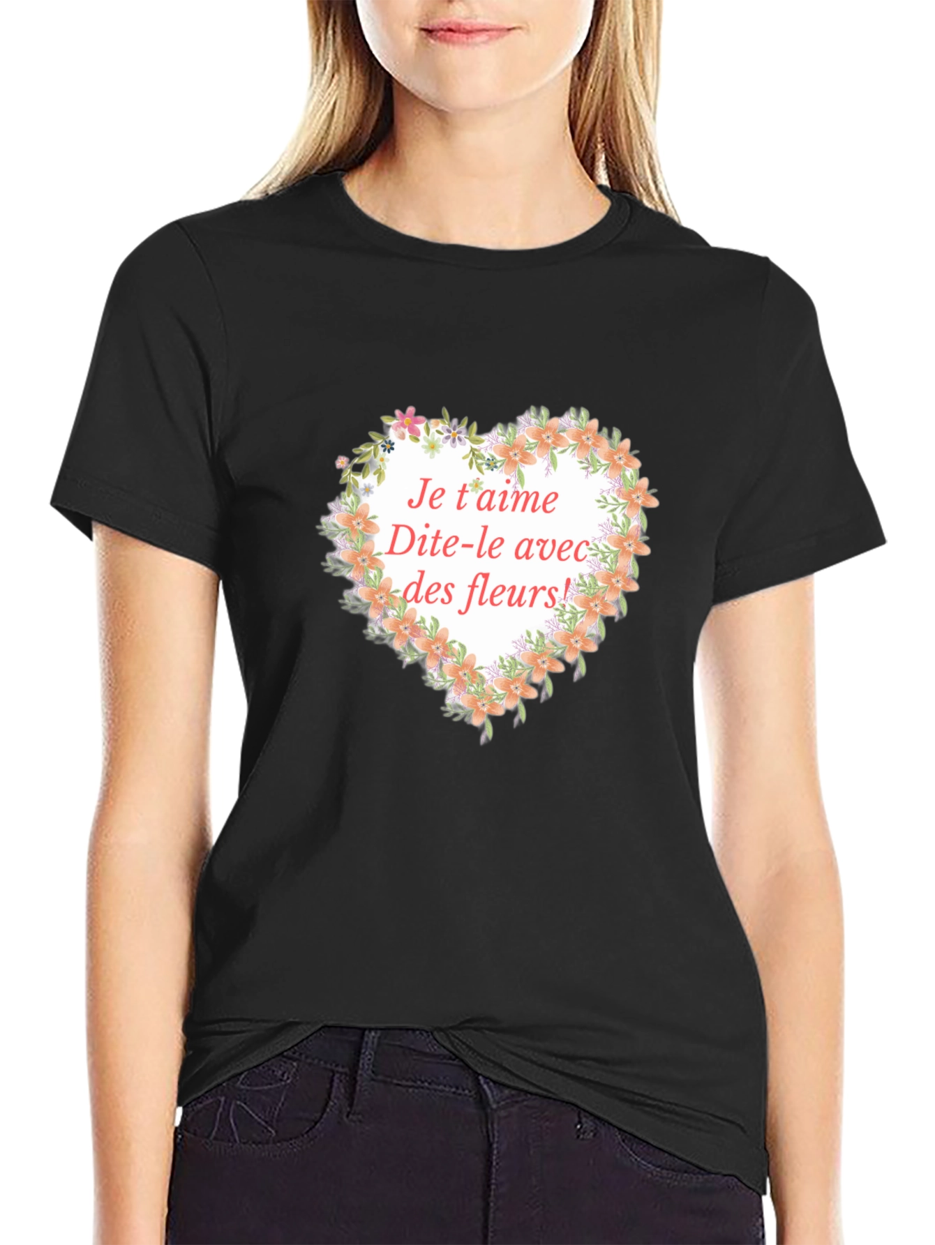 Floral Heart Je taime Graphic Tee - Black