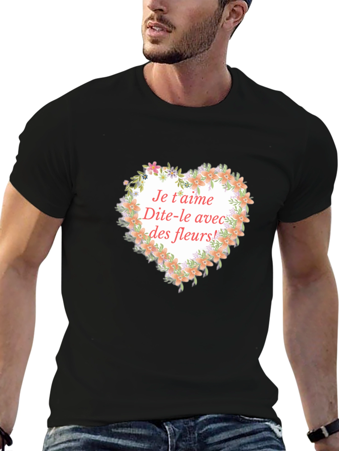 Floral Heart Je taime Graphic Tee - Black