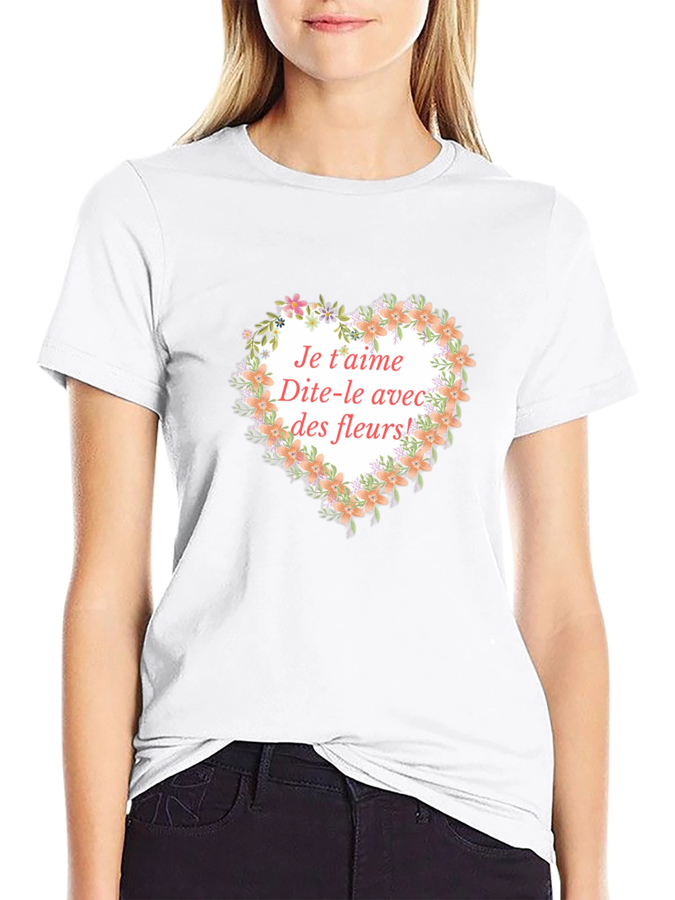 Floral Heart Je taime Graphic Tee - Black