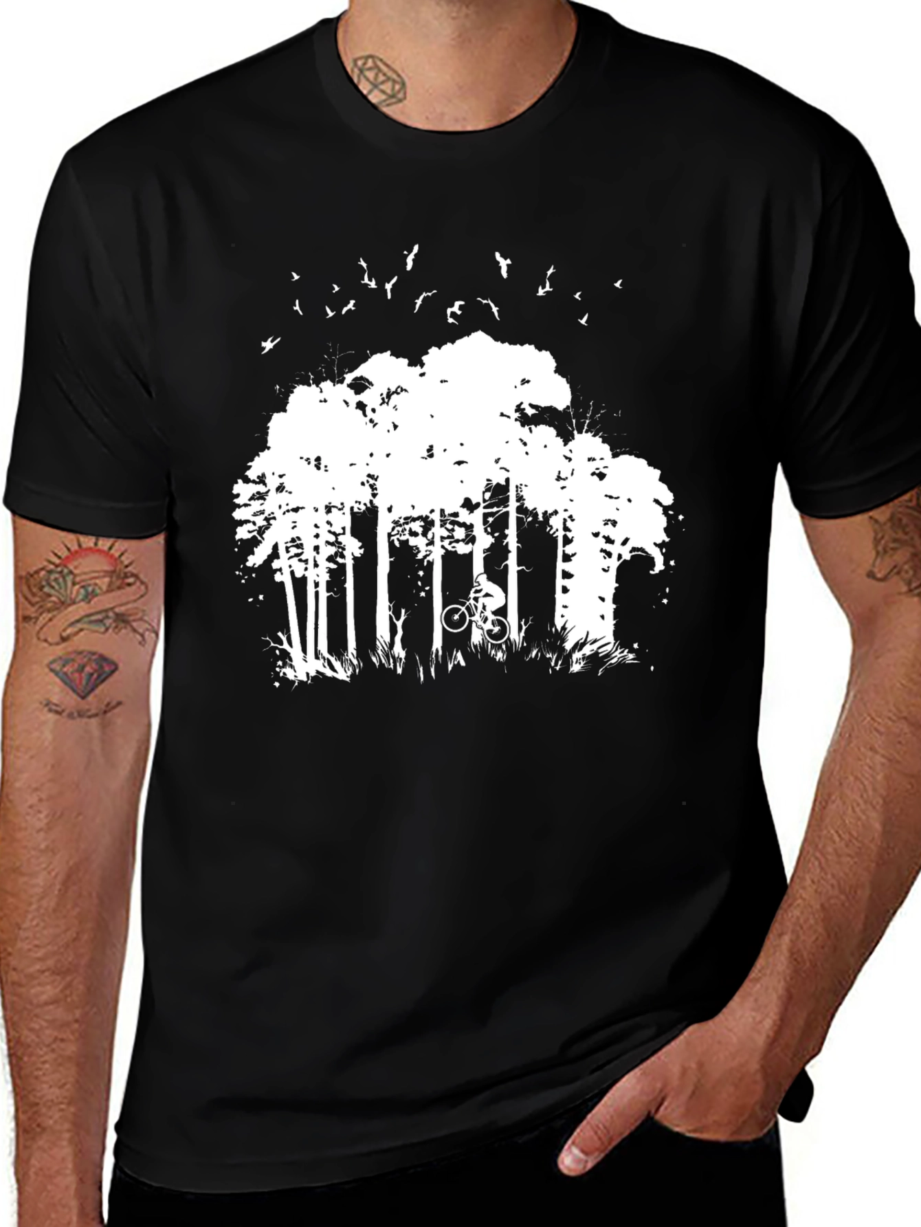 Mens Black T-Shirt - Forest Biker Design