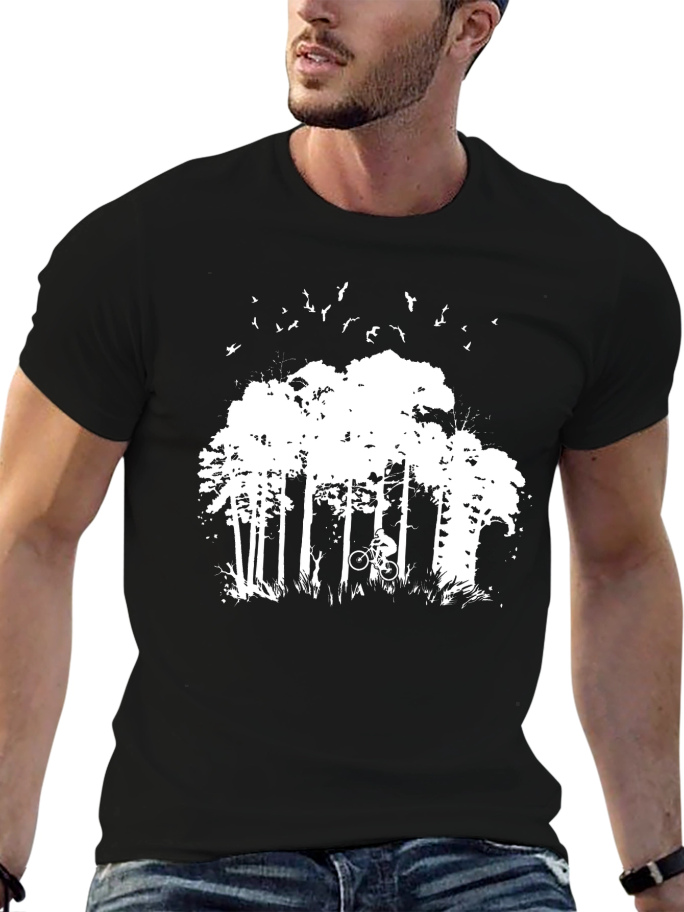 Mens Black T-Shirt - Forest Biker Design