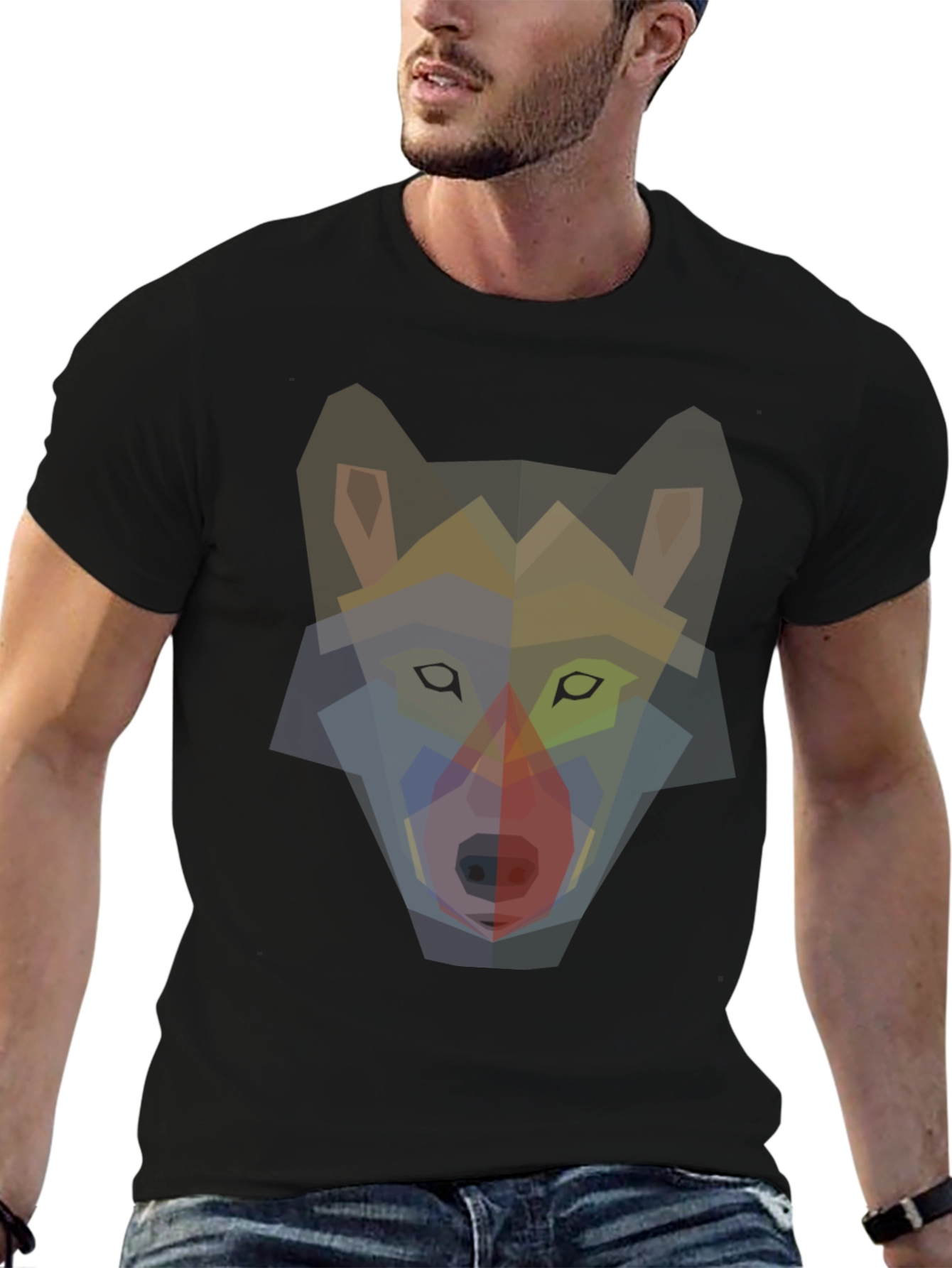 Geometric Wolf Graphic Print T-Shirt - Mens Black Tee