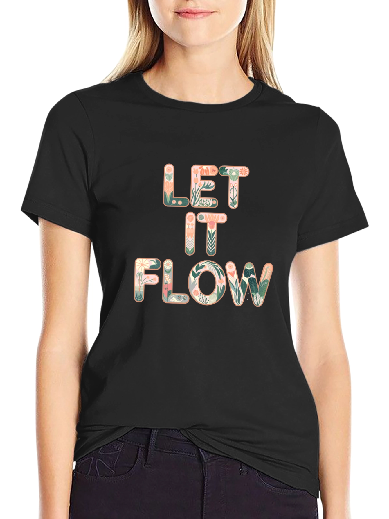 Let It Flow Floral Print Black T-Shirt