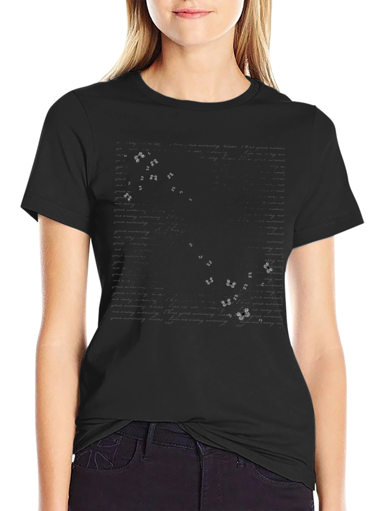 Butterfly Text Print Black T-Shirt
