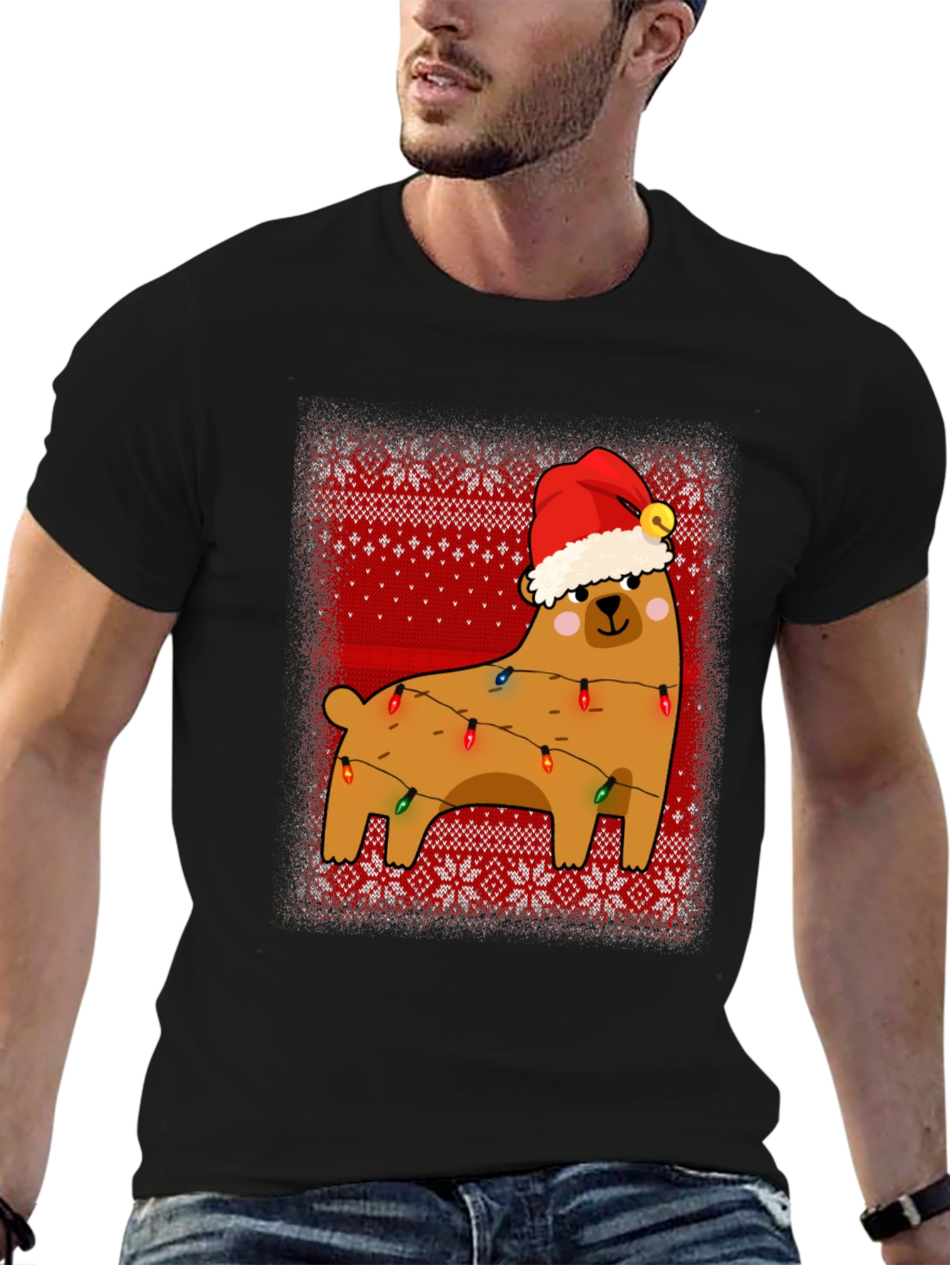 Bear Christmas Lights Sweater Pattern Graphic T-Shirt