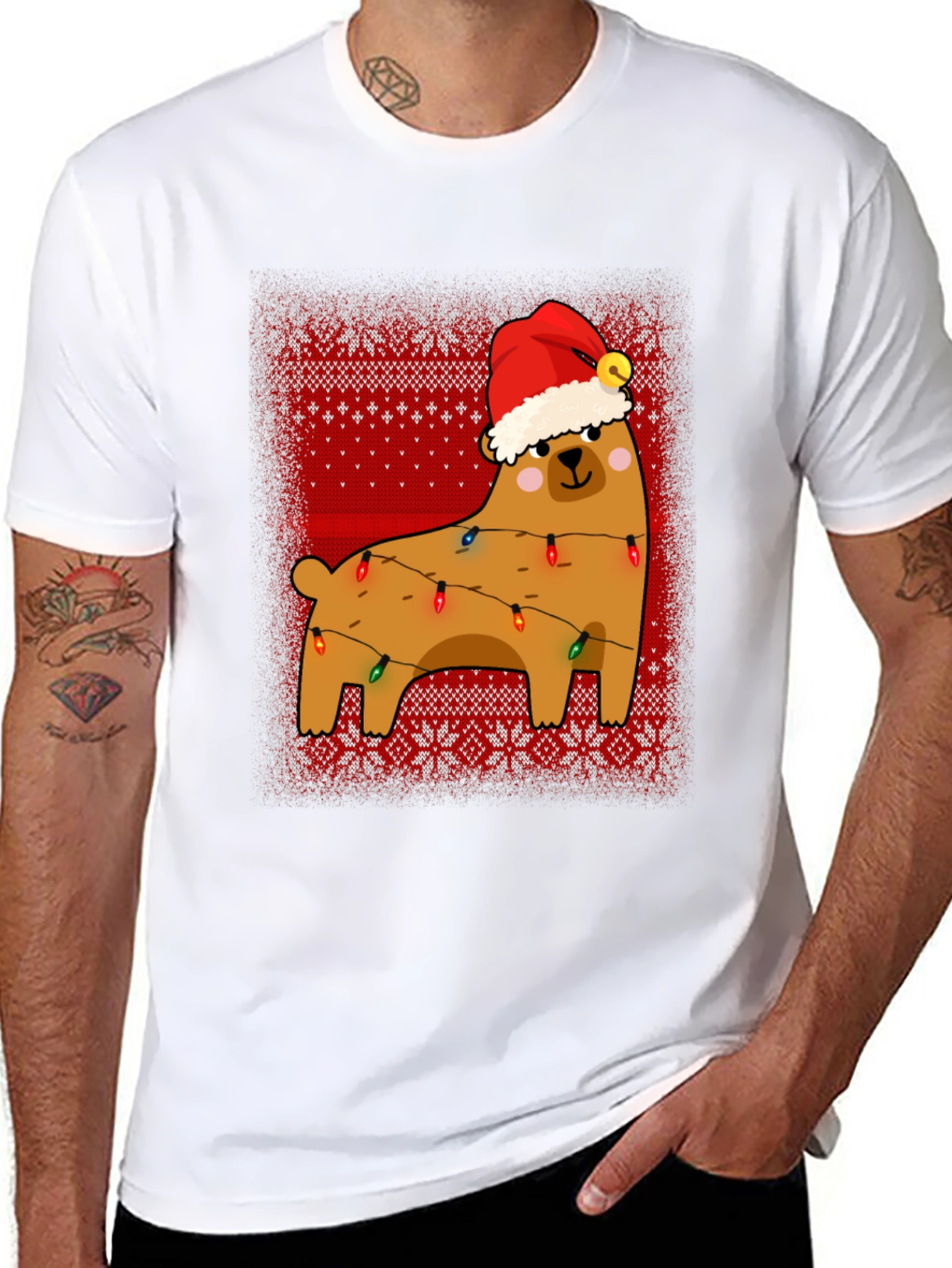 Bear Christmas Lights Sweater Pattern Graphic T-Shirt