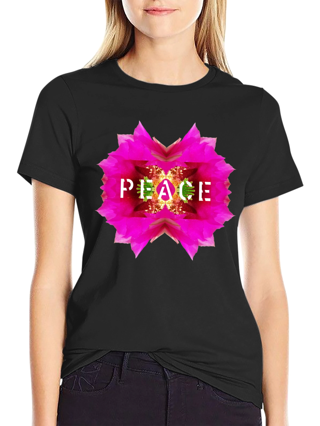 Peace Flower Graphic Black T-Shirt