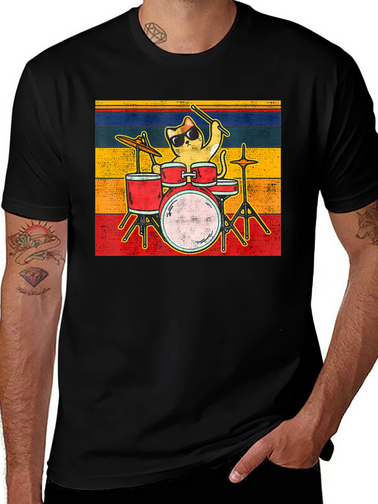 Cat Drummer T-Shirt - Vintage Style Design