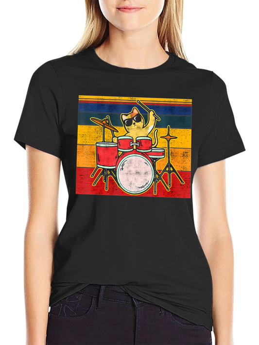 Cat Drummer T-Shirt - Vintage Style Design