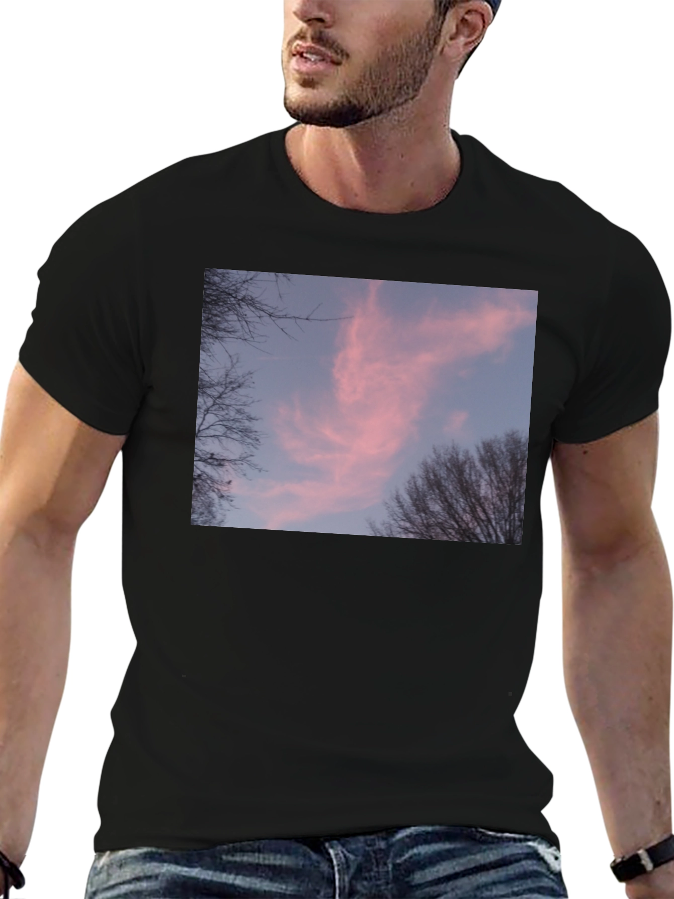 Pink Sunset Sky Graphic Black Tee Shirt