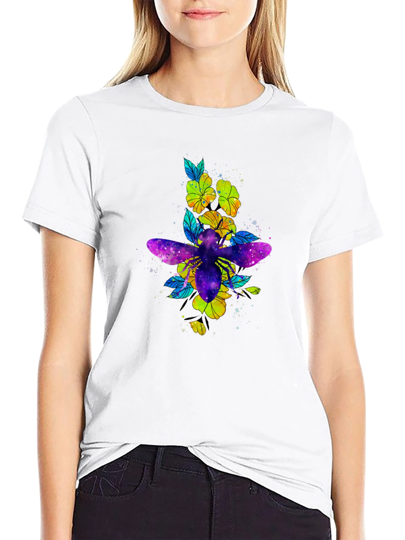Galaxy Bee & Flower Graphic Print Black Tee