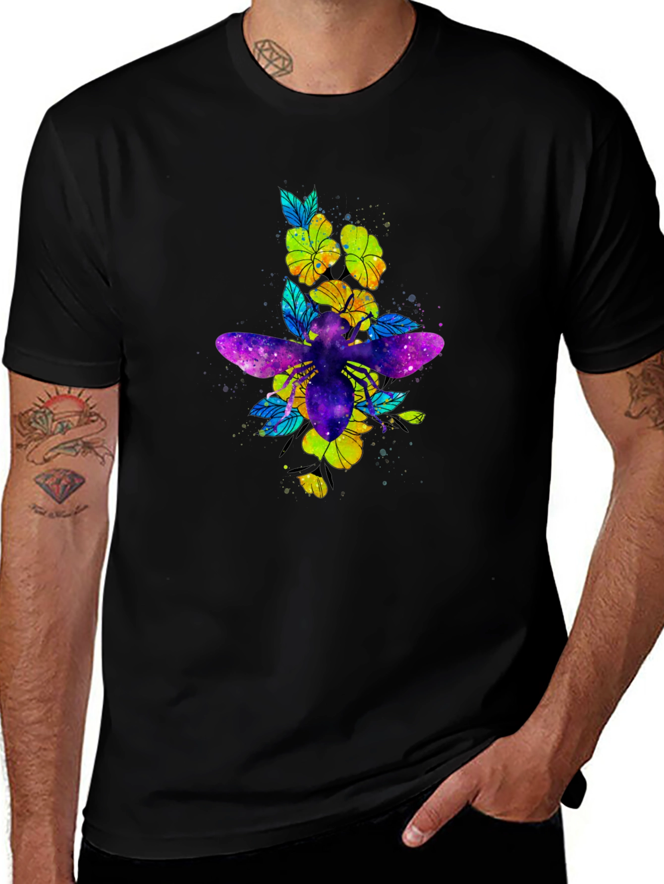 Galaxy Bee & Flower Graphic Print Black Tee