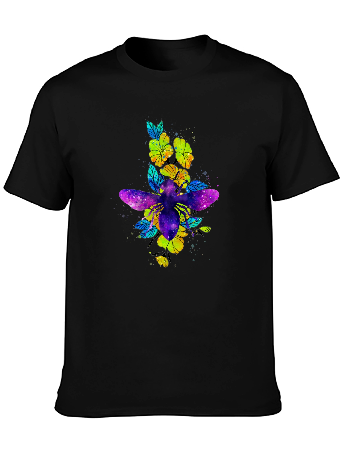 Galaxy Bee & Flower Graphic Print Black Tee