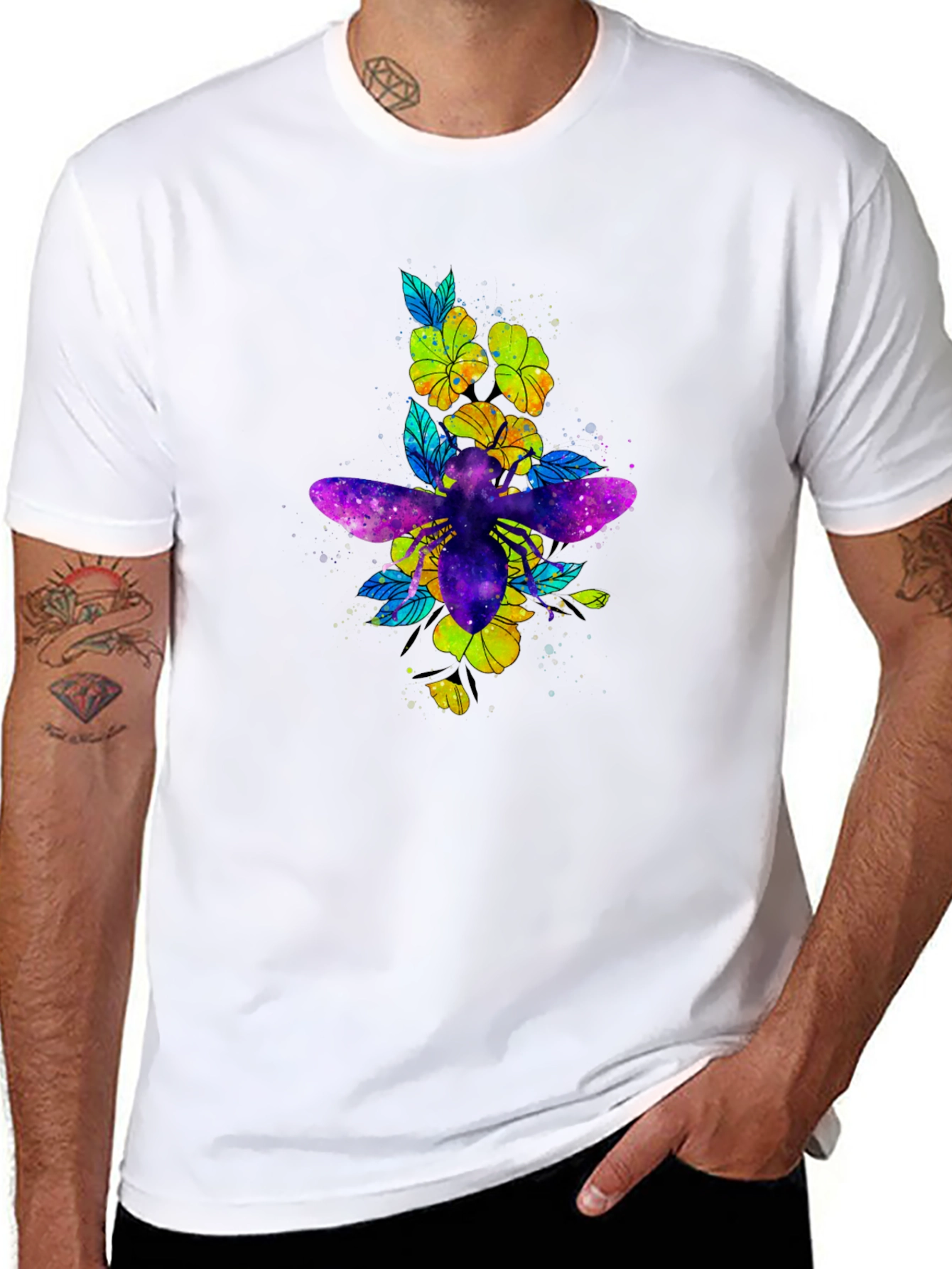 Galaxy Bee & Flower Graphic Print Black Tee