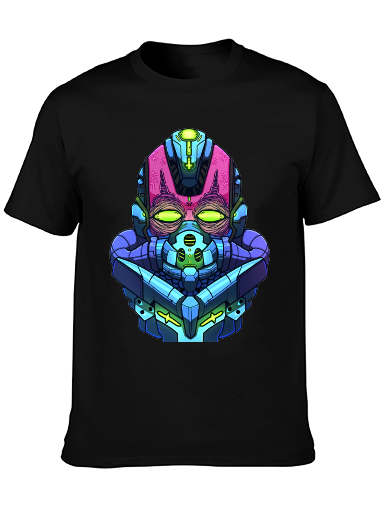 Cyberpunk Robot Head Graphic Tee - Black Cotton Blend