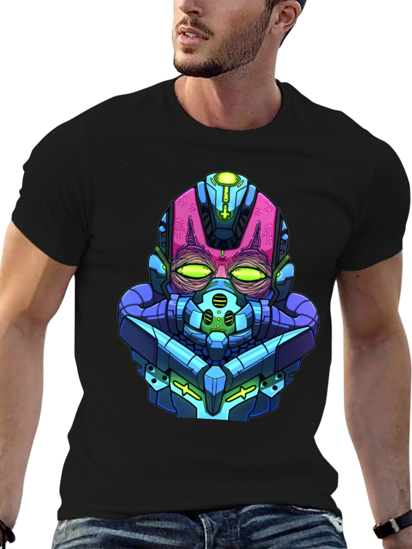 Cyberpunk Robot Head Graphic Tee - Black Cotton Blend