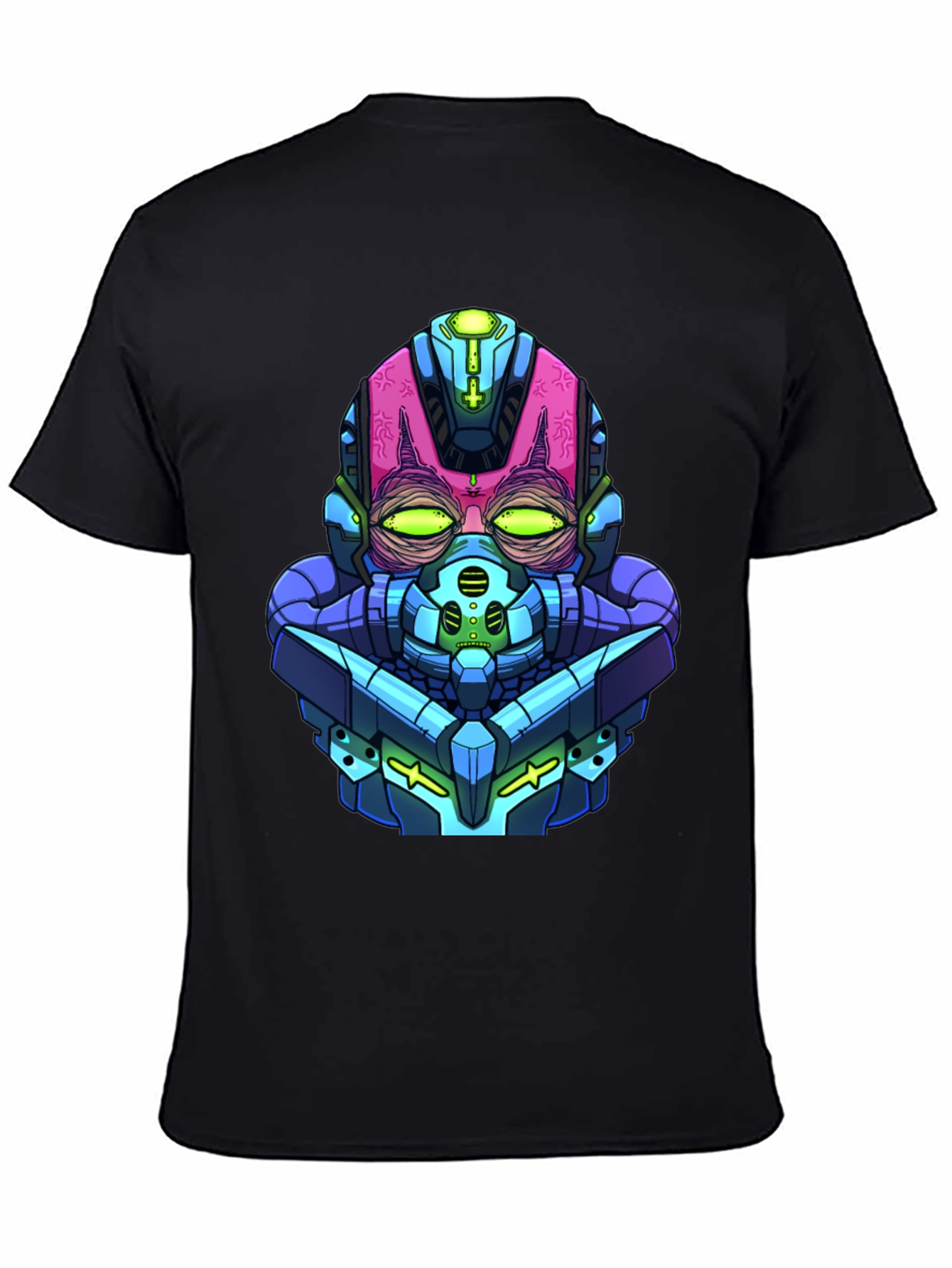 Cyberpunk Robot Head Graphic Tee - Black Cotton Blend