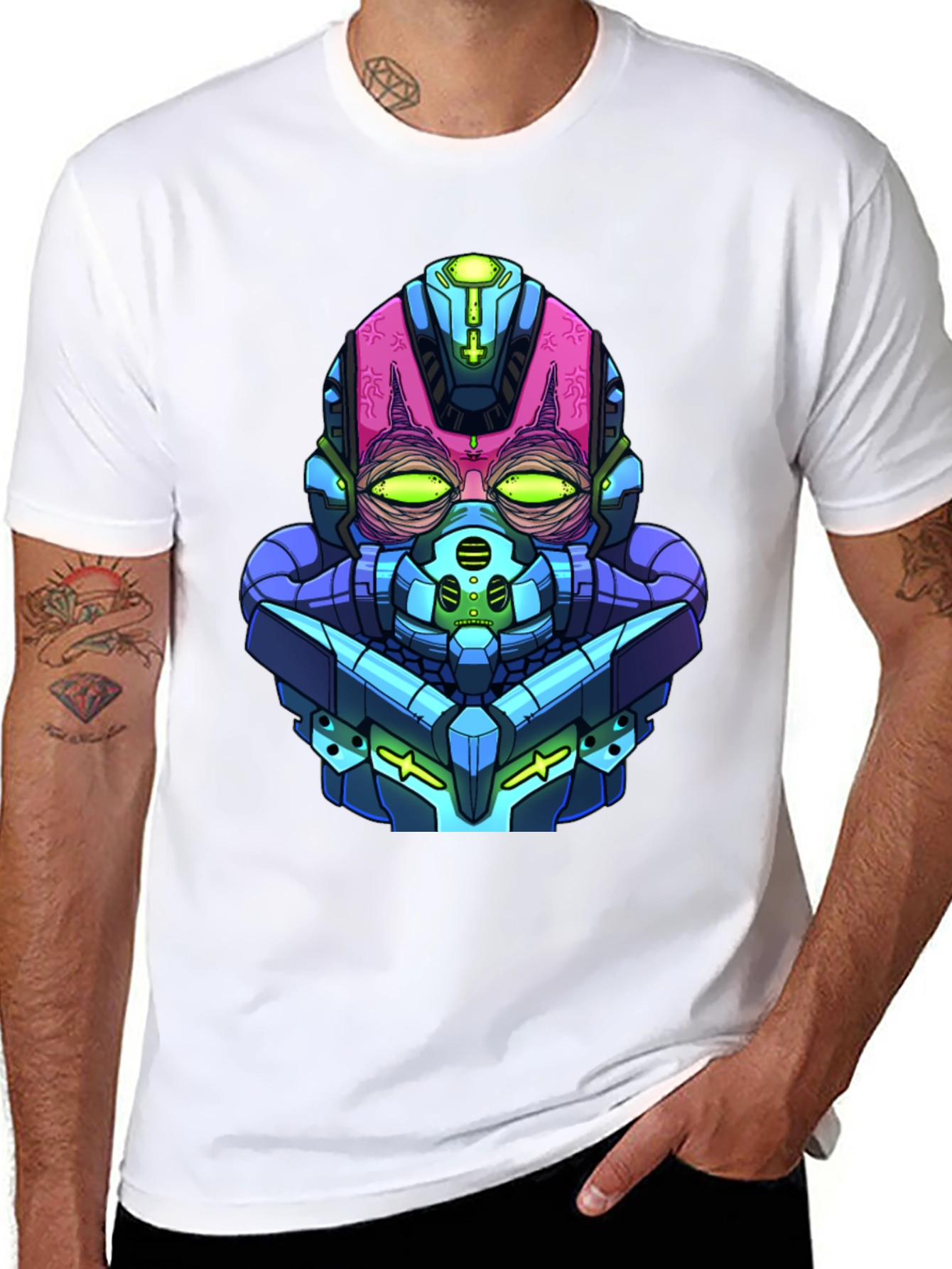 Cyberpunk Robot Head Graphic Tee - Black Cotton Blend