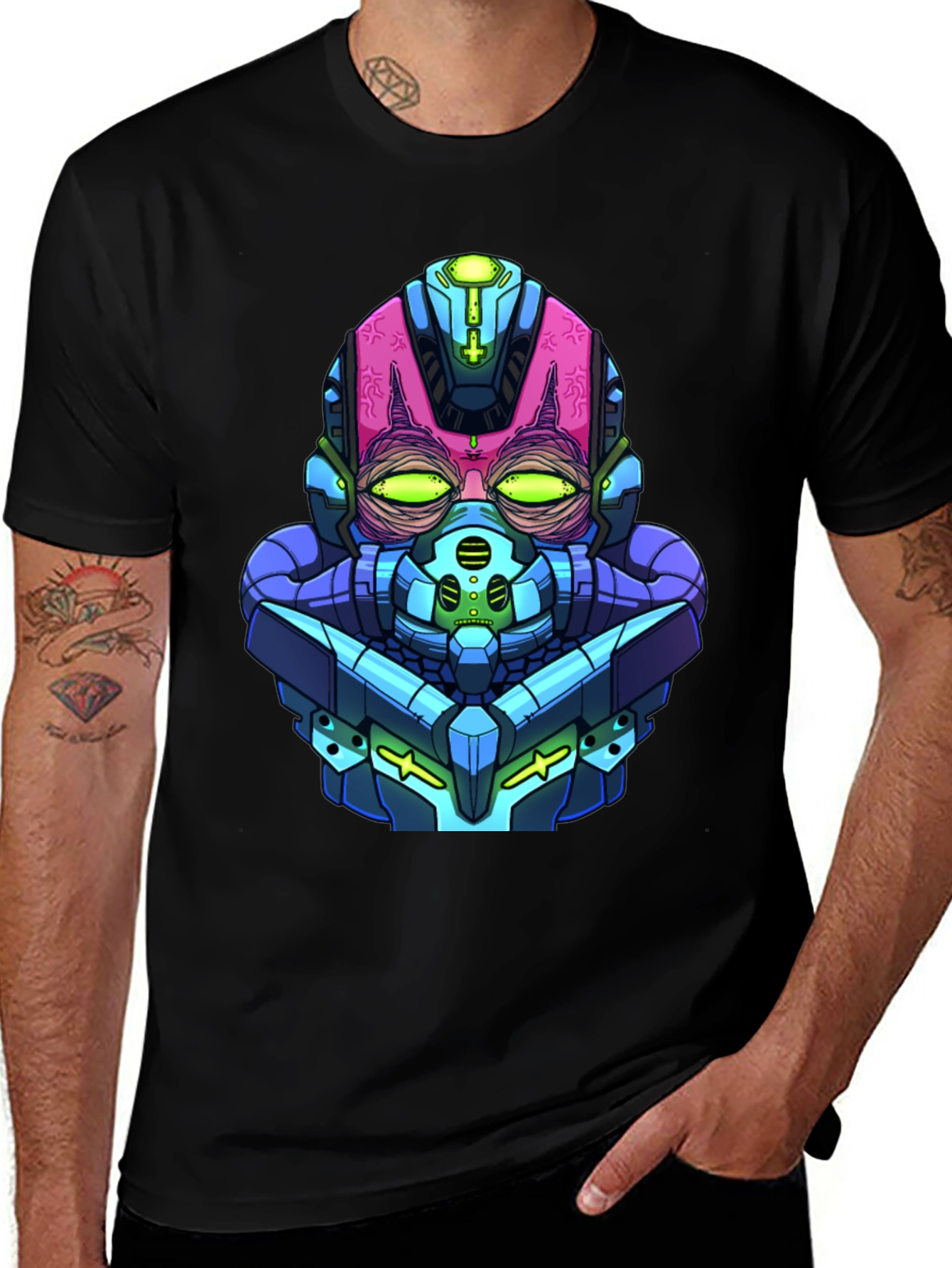 Cyberpunk Robot Head Graphic Tee - Black Cotton Blend