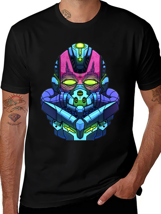 Cyberpunk Robot Head Graphic Tee - Black Cotton Blend