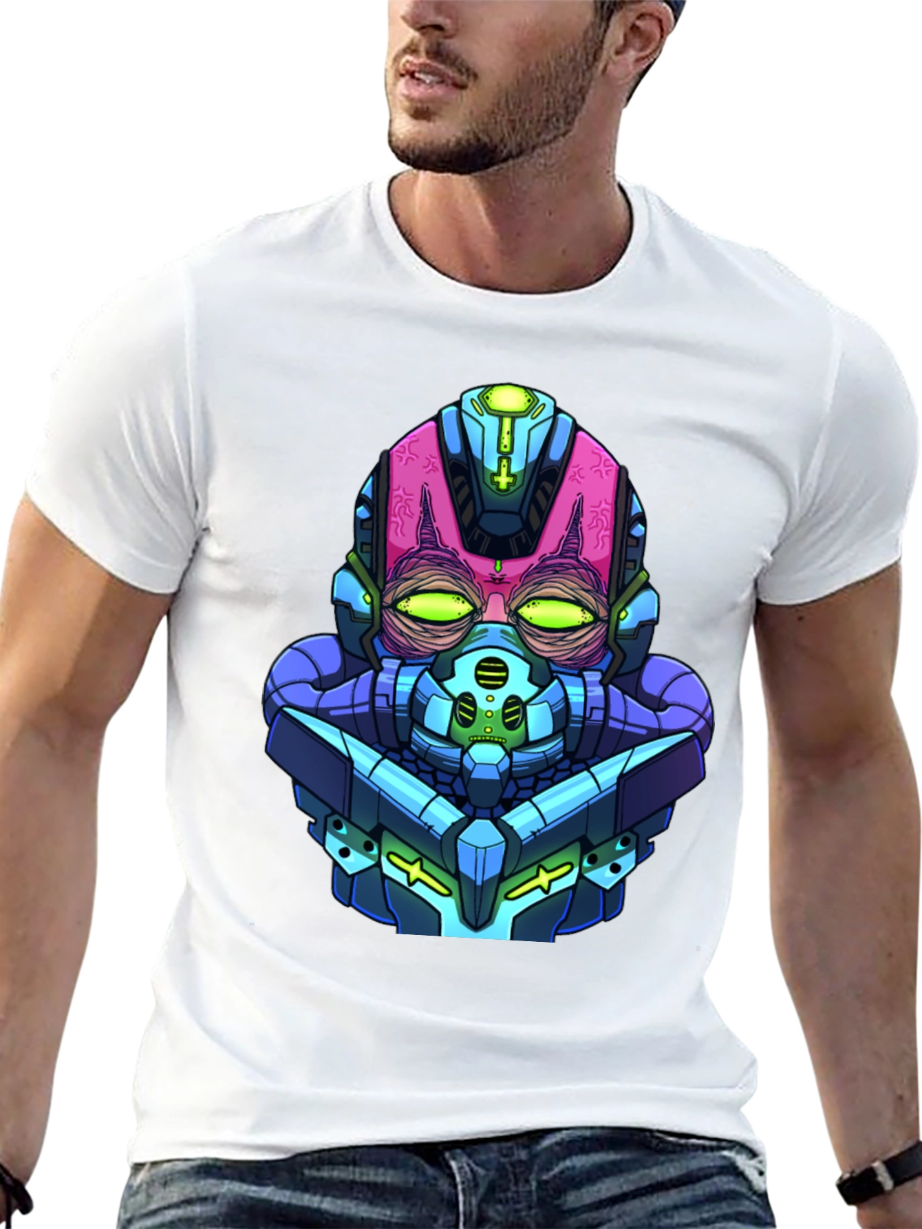 Cyberpunk Robot Head Graphic Tee - Black Cotton Blend