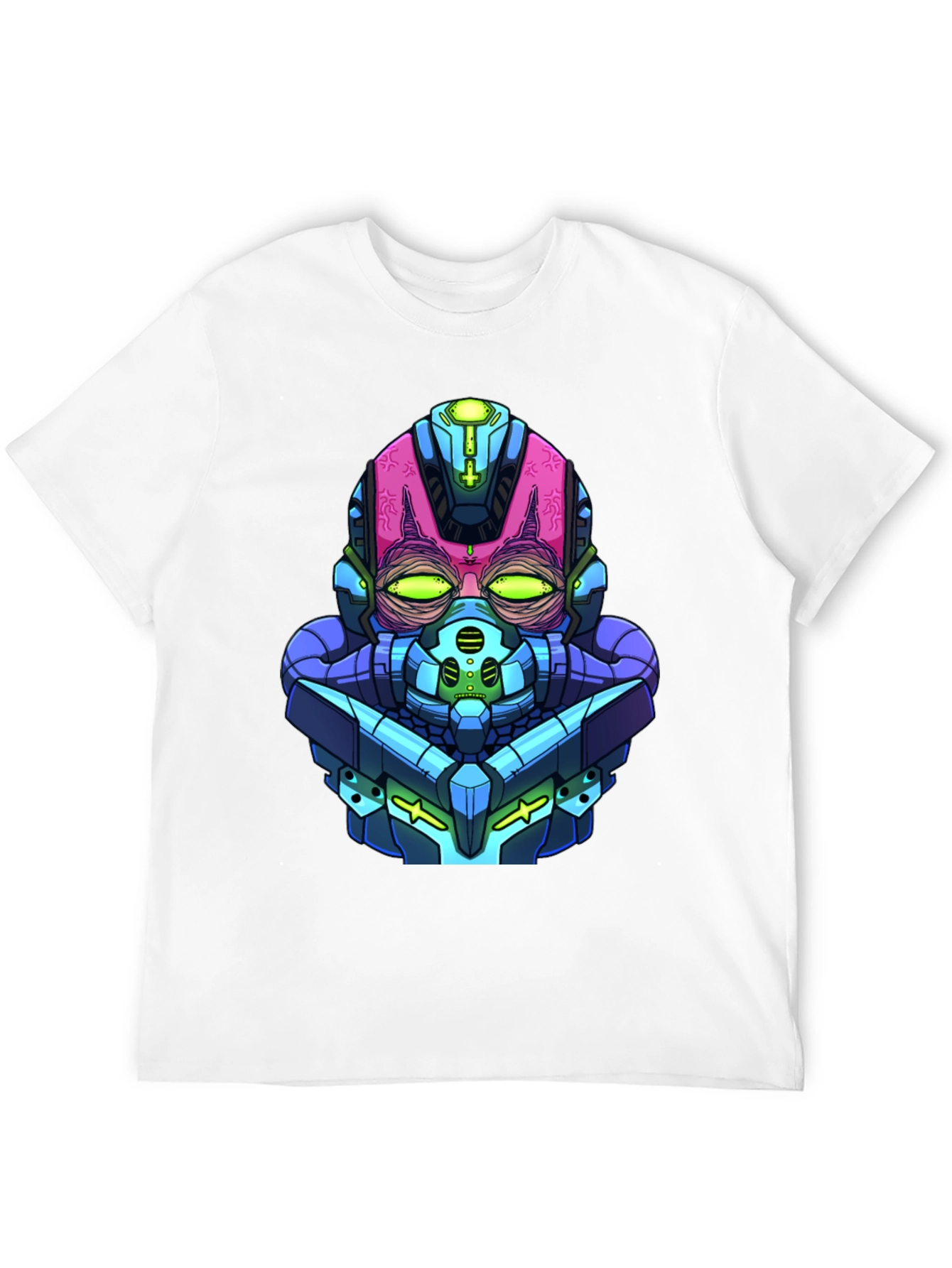 Cyberpunk Robot Head Graphic Tee - Black Cotton Blend
