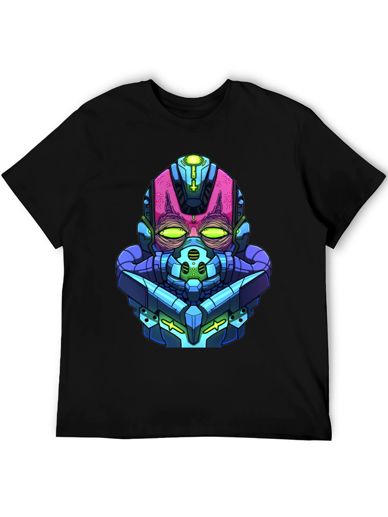 Cyberpunk Robot Head Graphic Tee - Black Cotton Blend