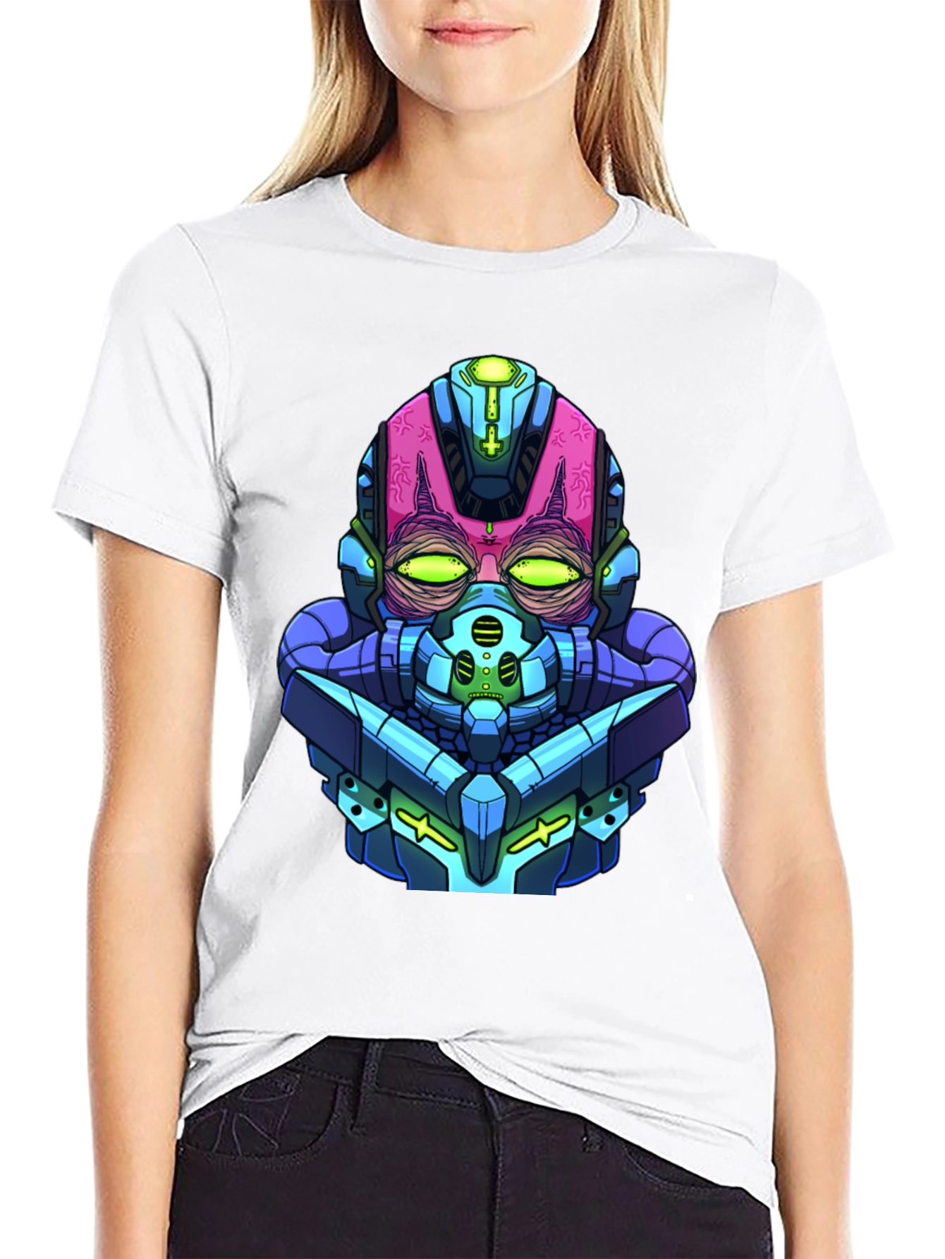 Cyberpunk Robot Head Graphic Tee - Black Cotton Blend